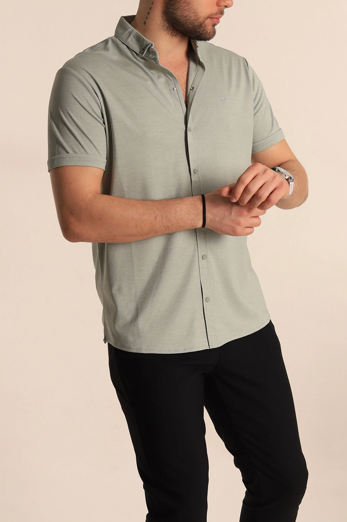 Su Yeşili Regular Fit Jakarlı Çıt Çıt Düğmeli Kısa Kollu Erkek Gömlek 263726