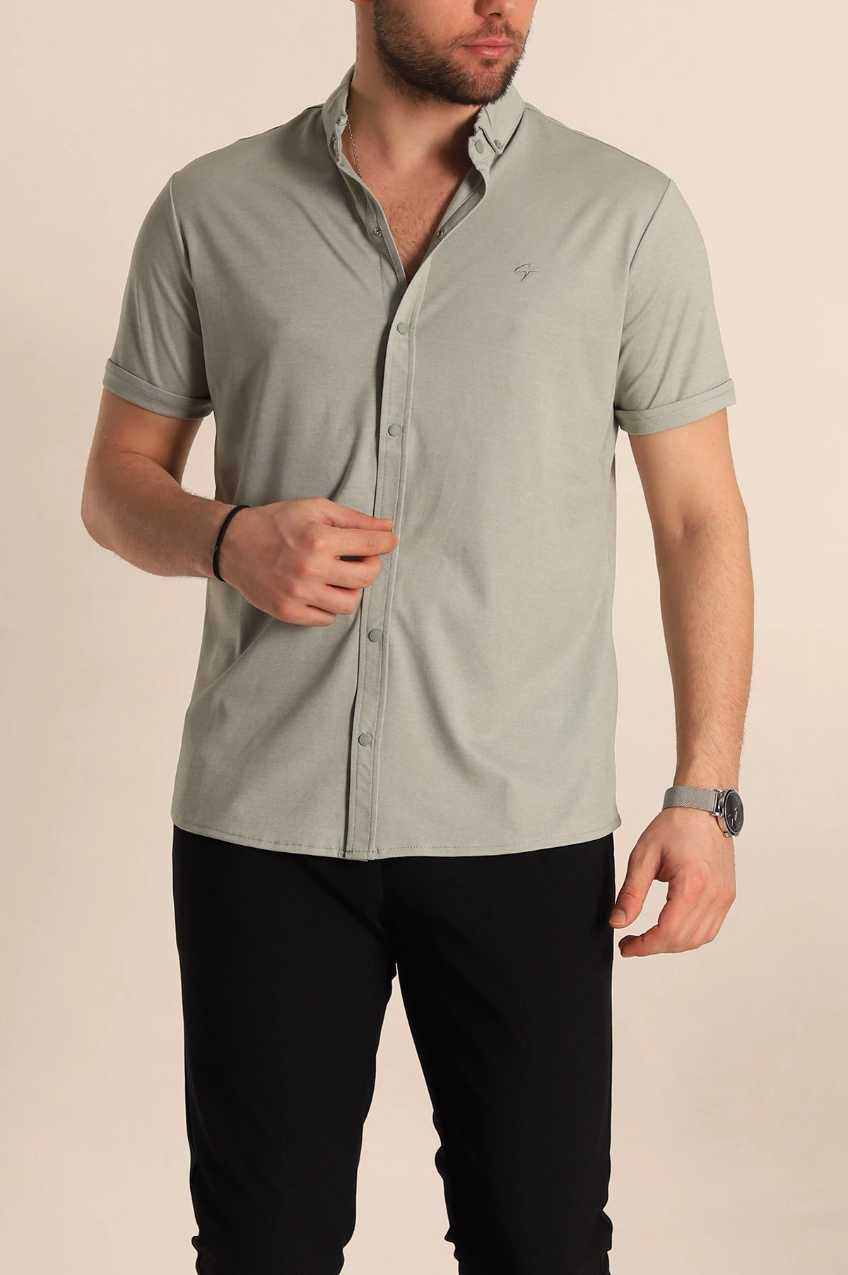 Su Yeşili Regular Fit Jakarlı Çıt Çıt Düğmeli Kısa Kollu Erkek Gömlek 263726