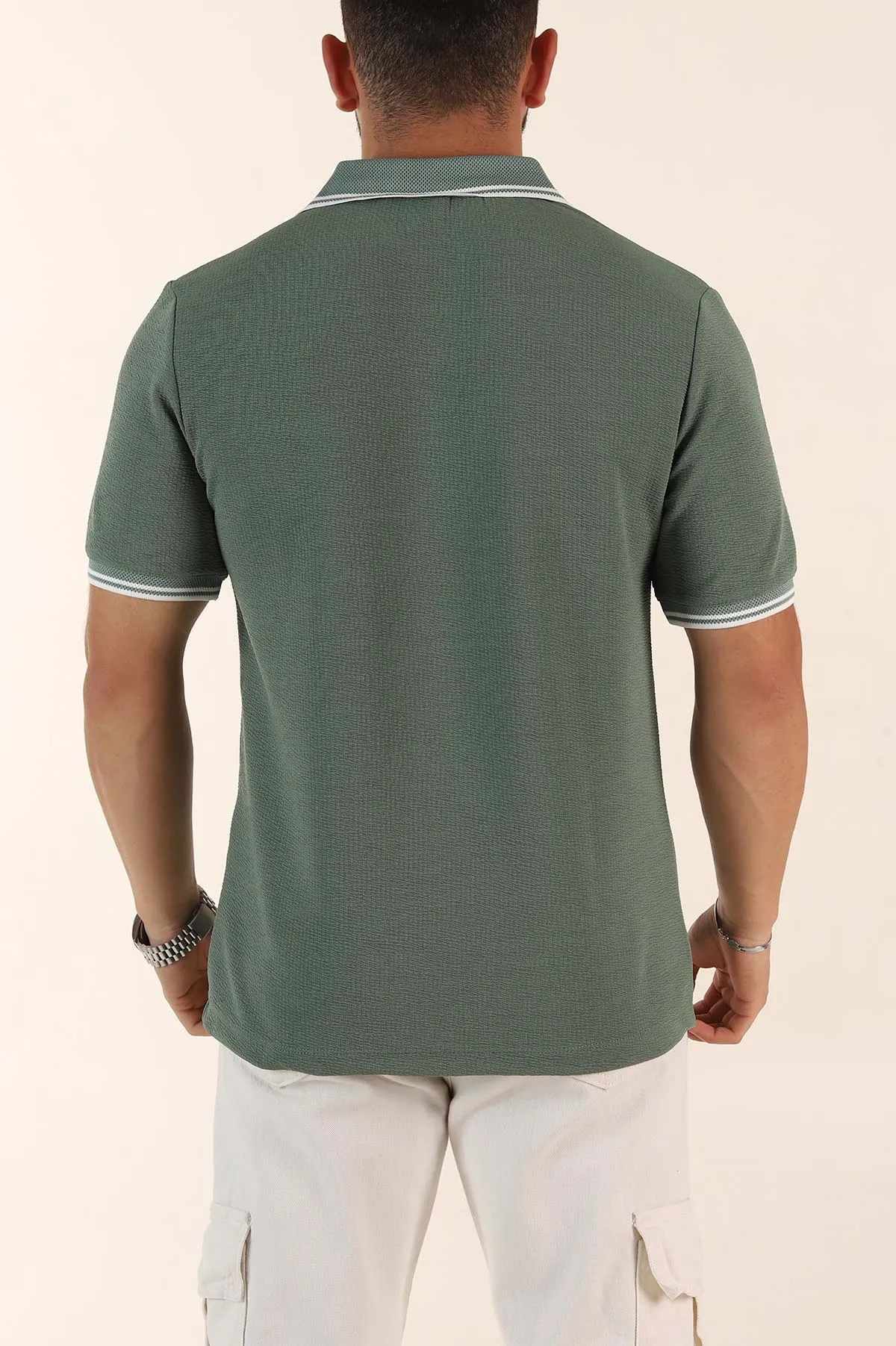 Su Yeşili Regular Fit Likralı Çizgili Polo Yaka Erkek Tişört 368733