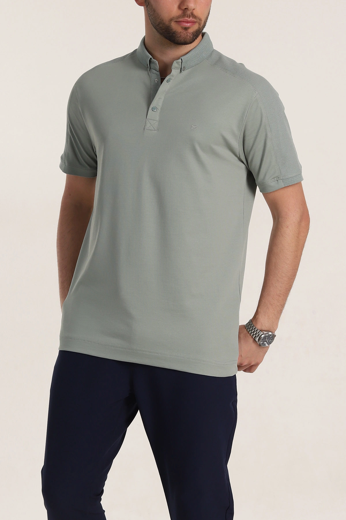 Su Yeşili Regular Fit Parçalı Polo Yaka Erkek Tişört 346730