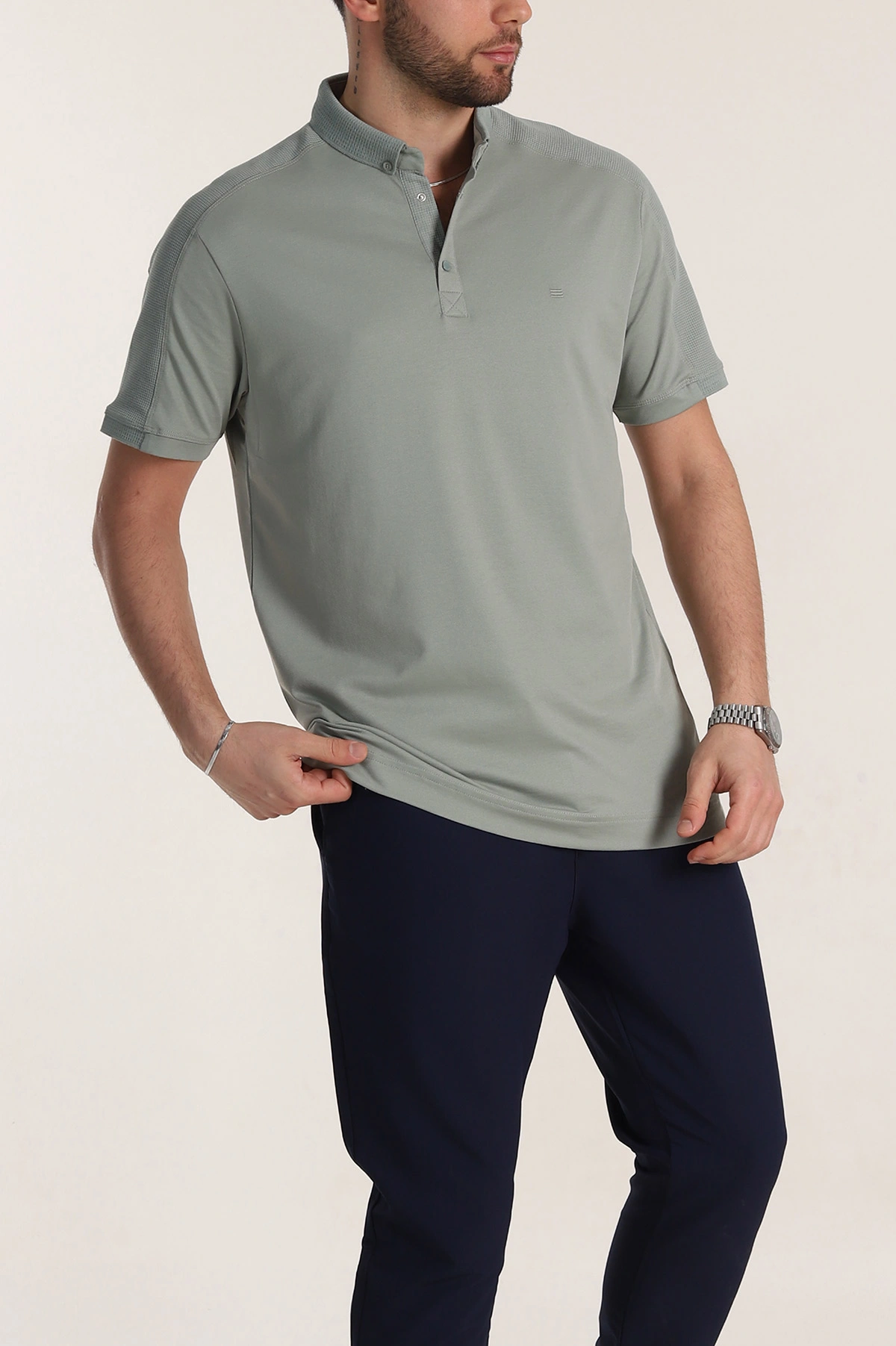 Su Yeşili Regular Fit Parçalı Polo Yaka Erkek Tişört 346730
