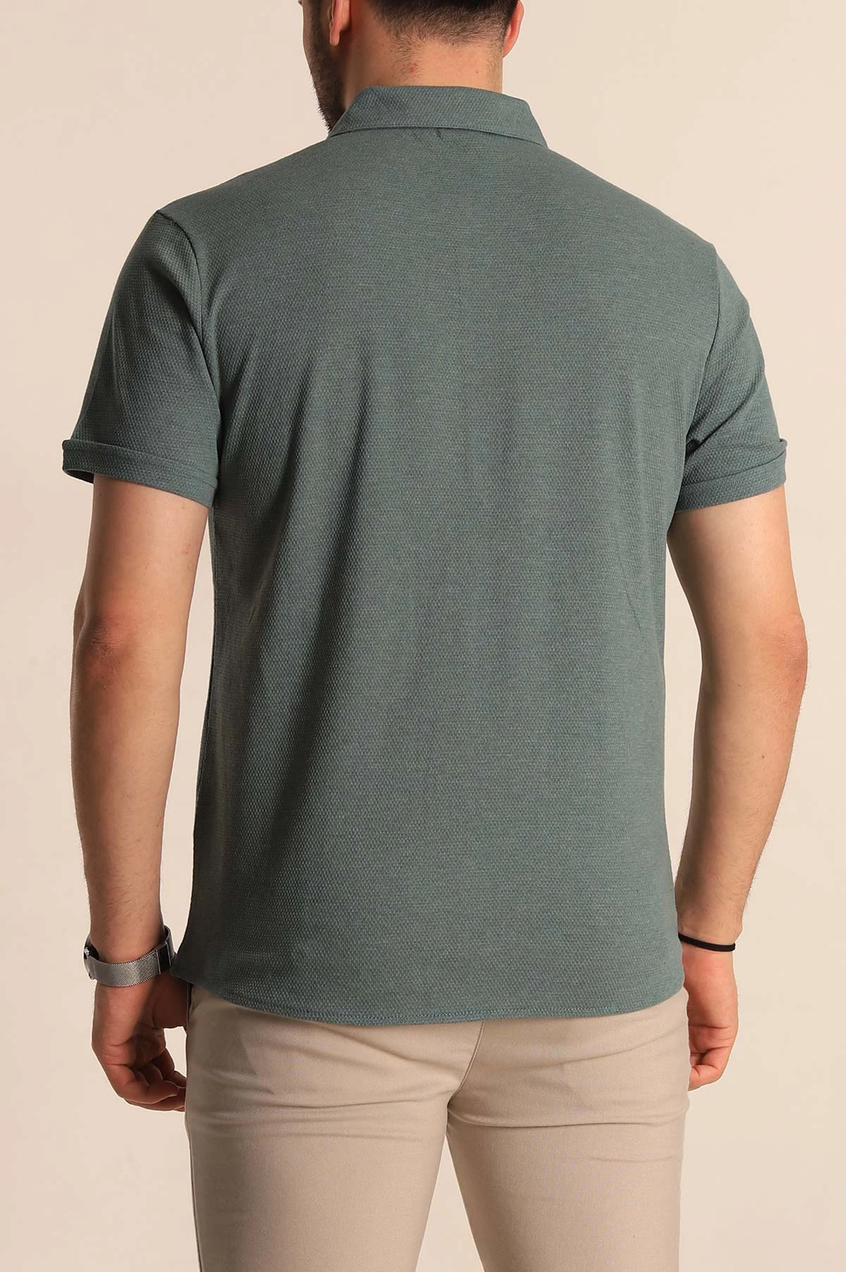 Su Yeşili Regular Fit Petek Dokulu Kısa Kollu Erkek Gömlek 263716