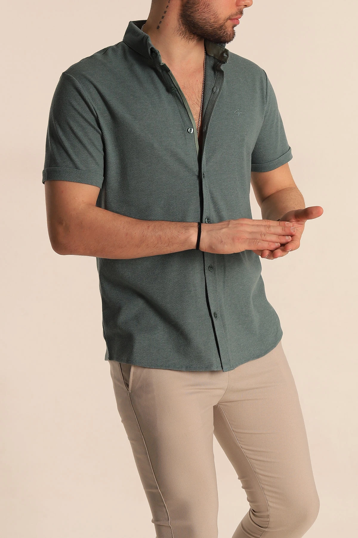 Su Yeşili Regular Fit Petek Dokulu Kısa Kollu Erkek Gömlek 263716