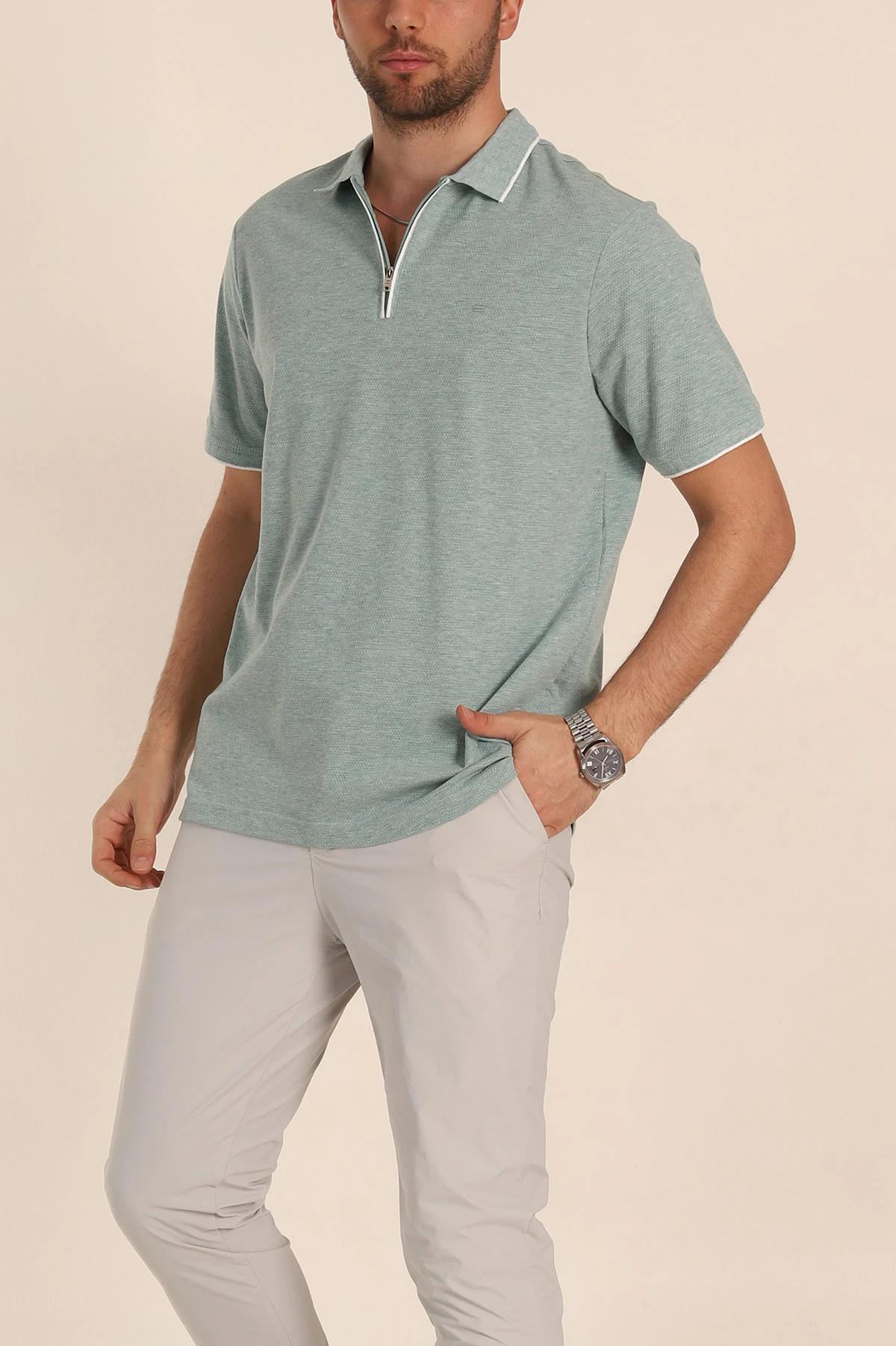 Su Yeşili Regular Fit Petek Dokulu Polo Yaka Erkek Tişört 349898