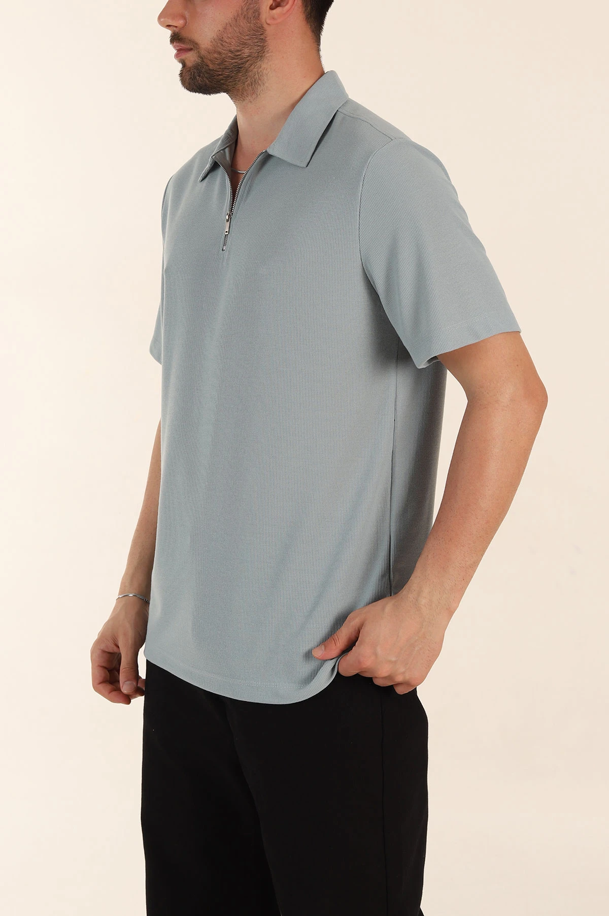 Su Yeşili Regular Fit Pike Dokulu Fermuarlı Polo Yaka Erkek Tişört 368530