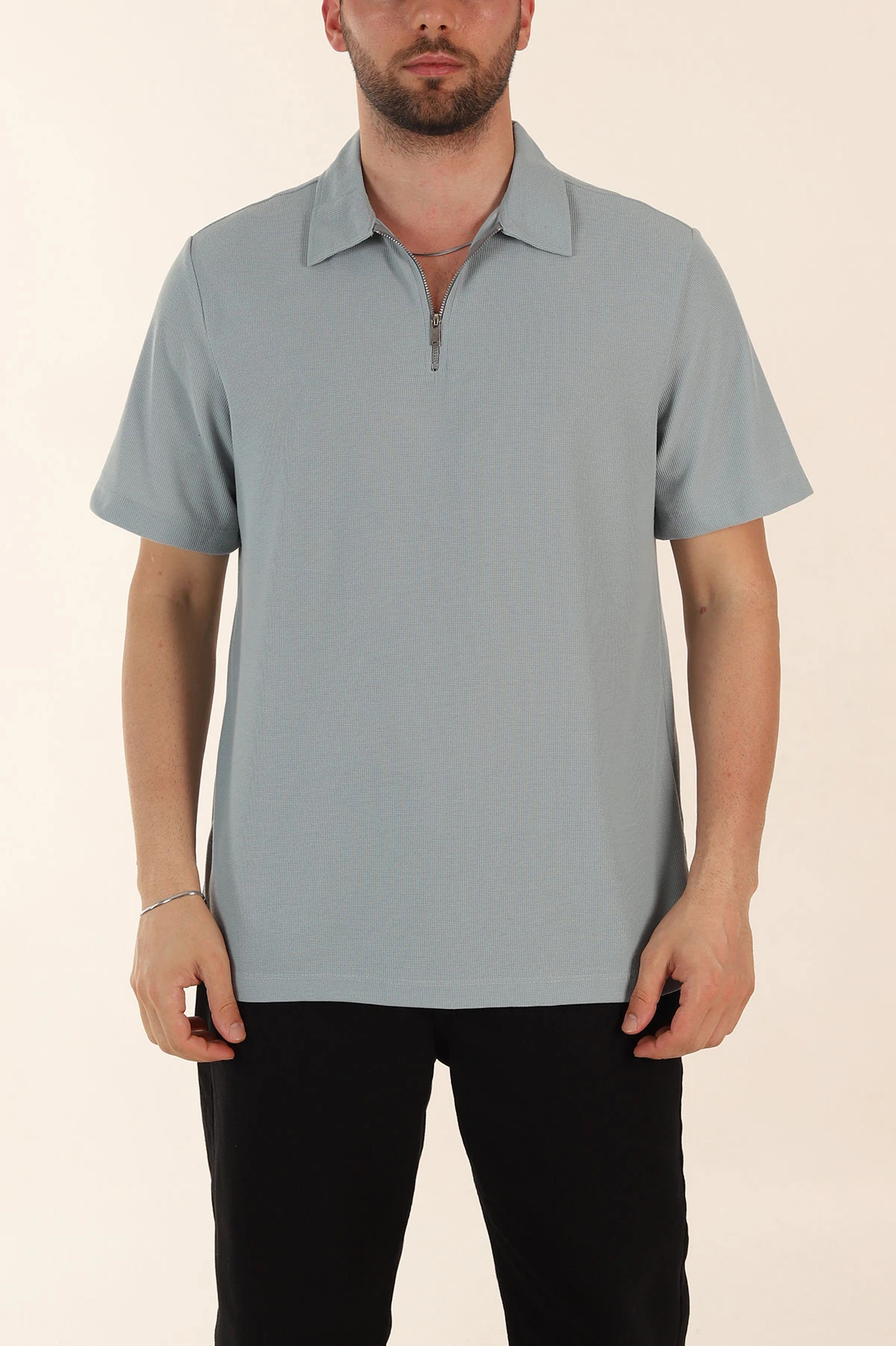 Su Yeşili Regular Fit Pike Dokulu Fermuarlı Polo Yaka Erkek Tişört 368530