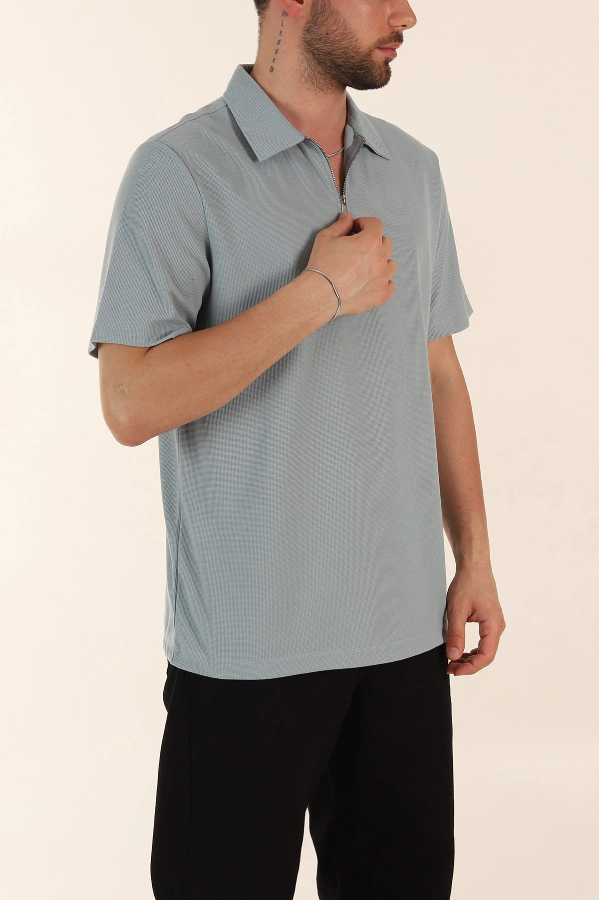 Su Yeşili Regular Fit Pike Dokulu Fermuarlı Polo Yaka Erkek Tişört 368530