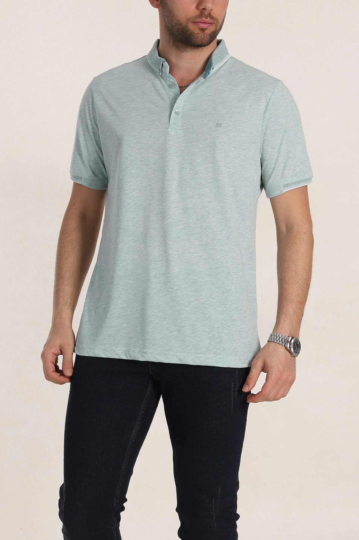 Su Yeşili Regular Fit Süprem Kumaş Kol Detaylı Polo Yaka Erkek Tişört 349941