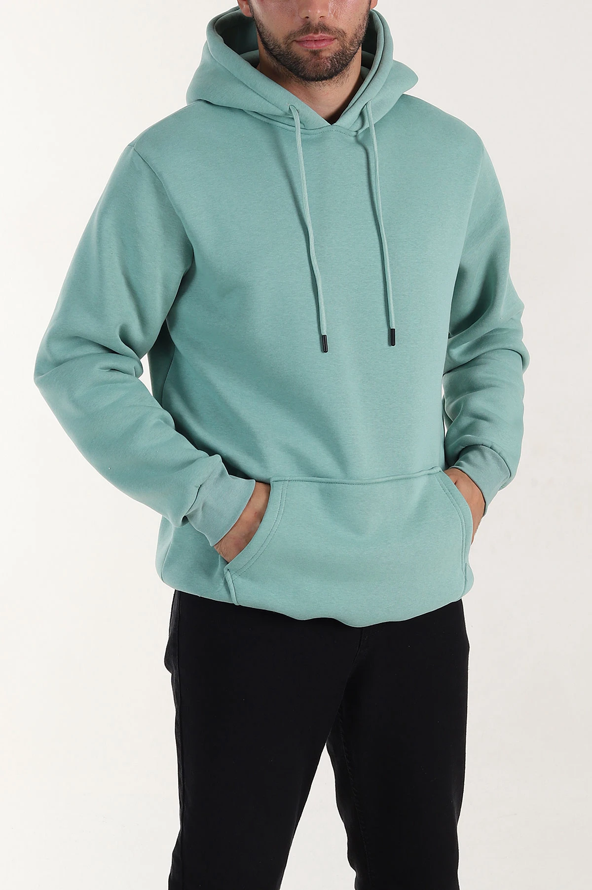 Su Yeşili Regular Fit Üç İp Şardonlu Erkek Kapüşonlu Basic Sweatshirt 400533