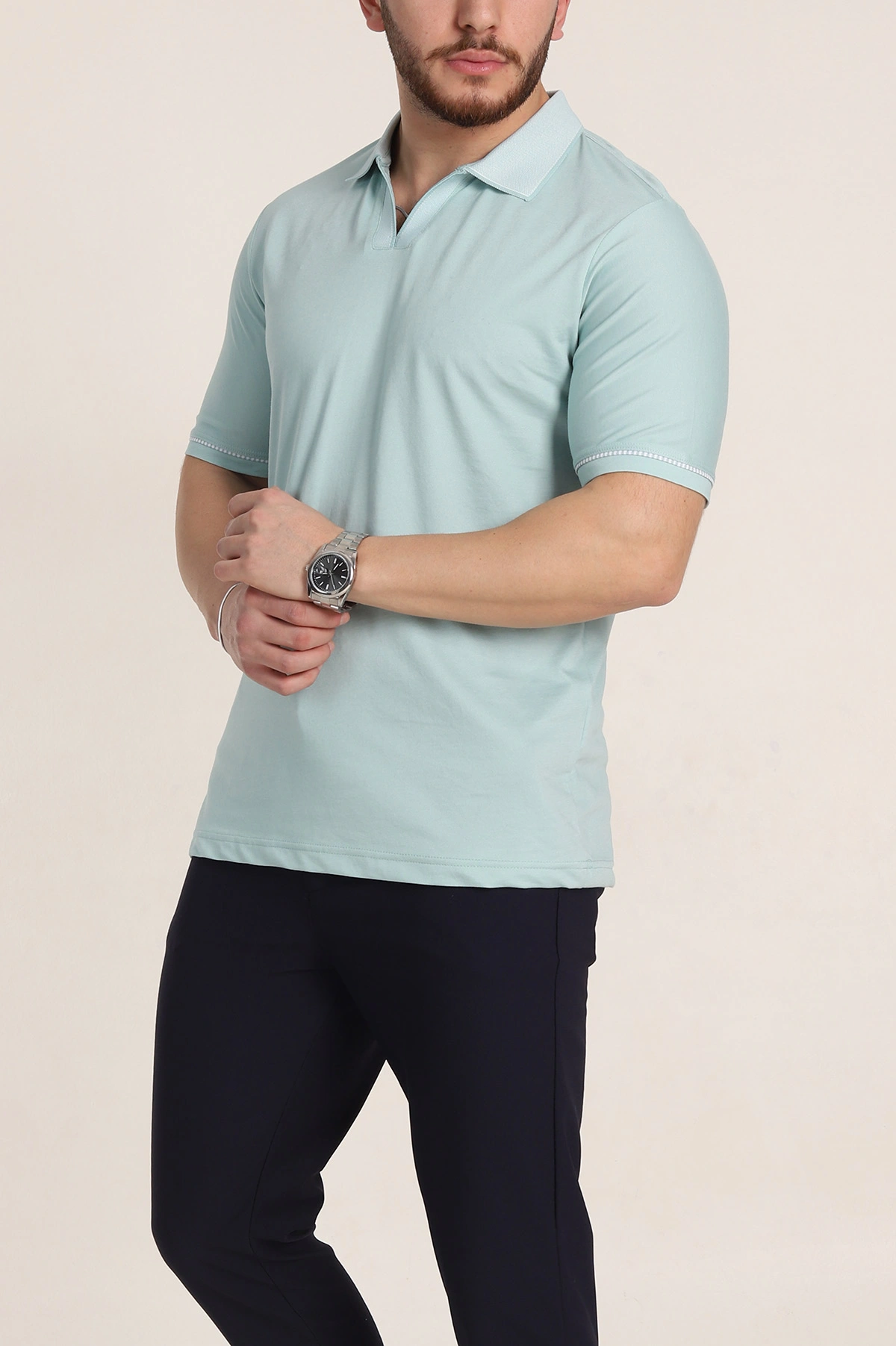 Su Yeşili Regular Fit V Patlı Polo Yaka Erkek Tişört 349809