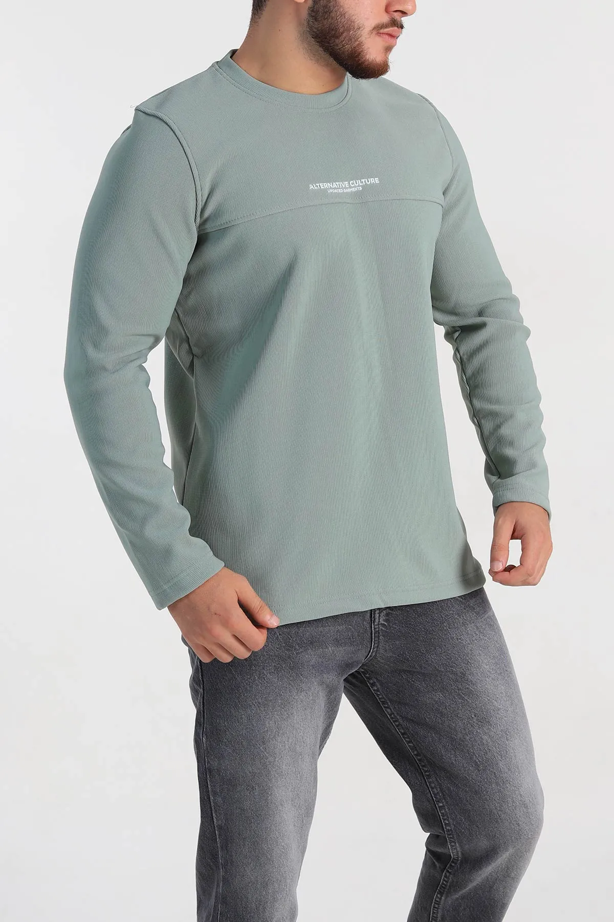 Su Yeşili Regular Fit Yazı Detay Erkek Sweatshirt 305882