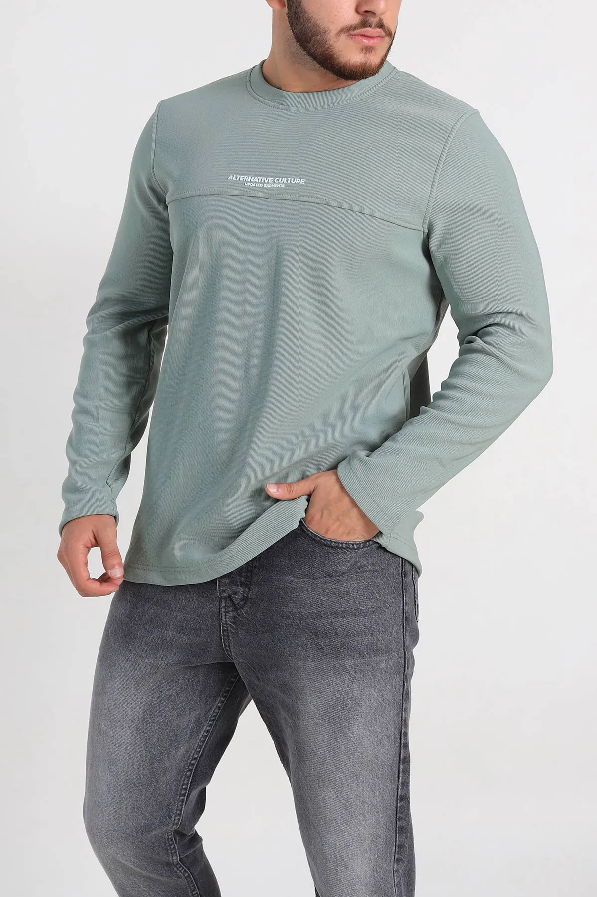 Su Yeşili Regular Fit Yazı Detay Erkek Sweatshirt 305882
