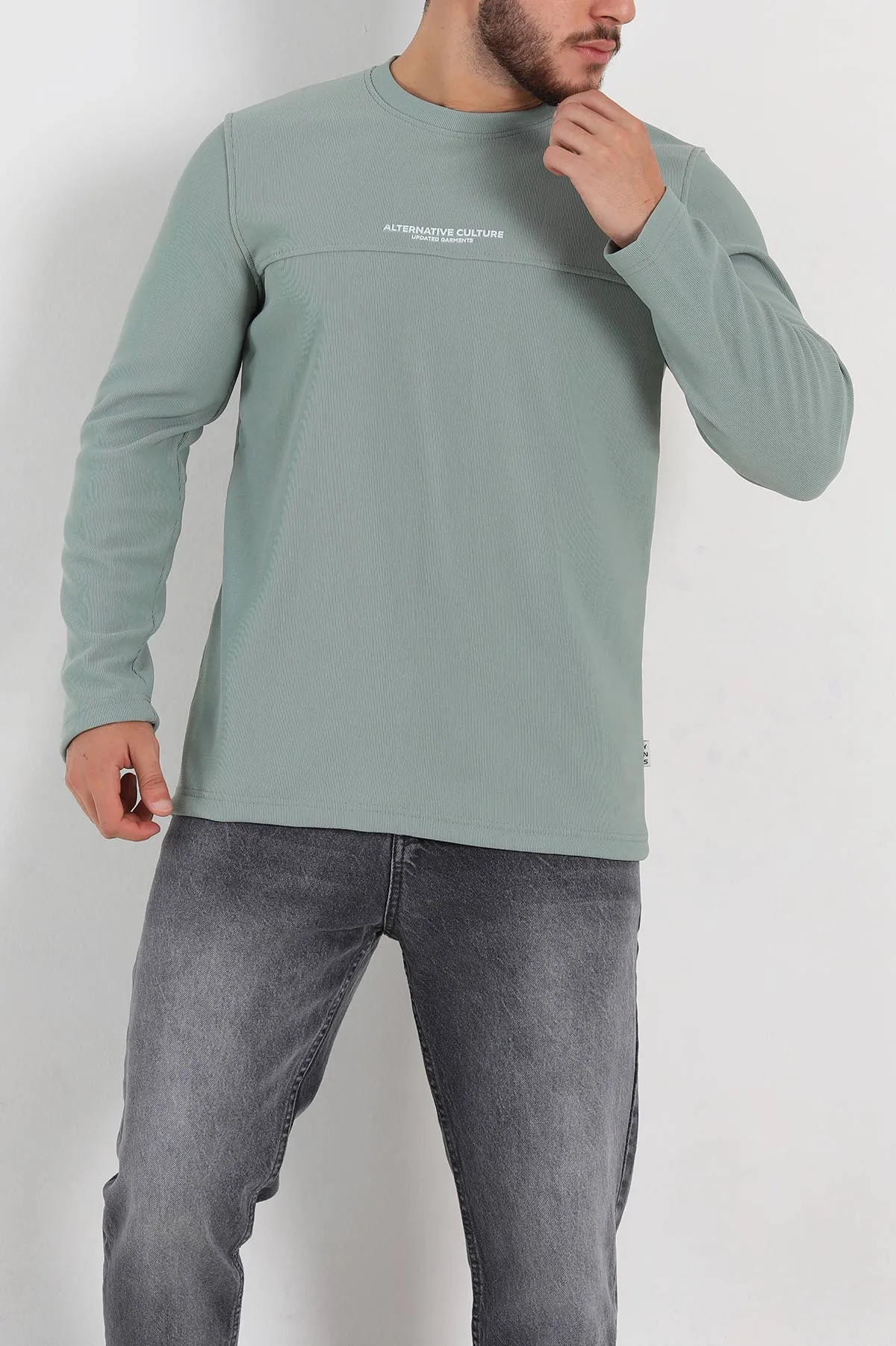 Su Yeşili Regular Fit Yazı Detay Erkek Sweatshirt 305882