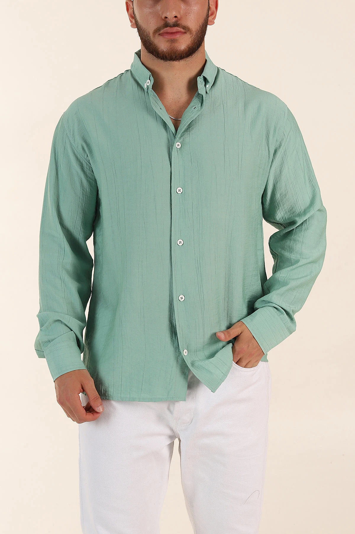 Su Yeşili Relaxed Fit Ata Yaka Uzun Kollu Erkek Gömlek 369597