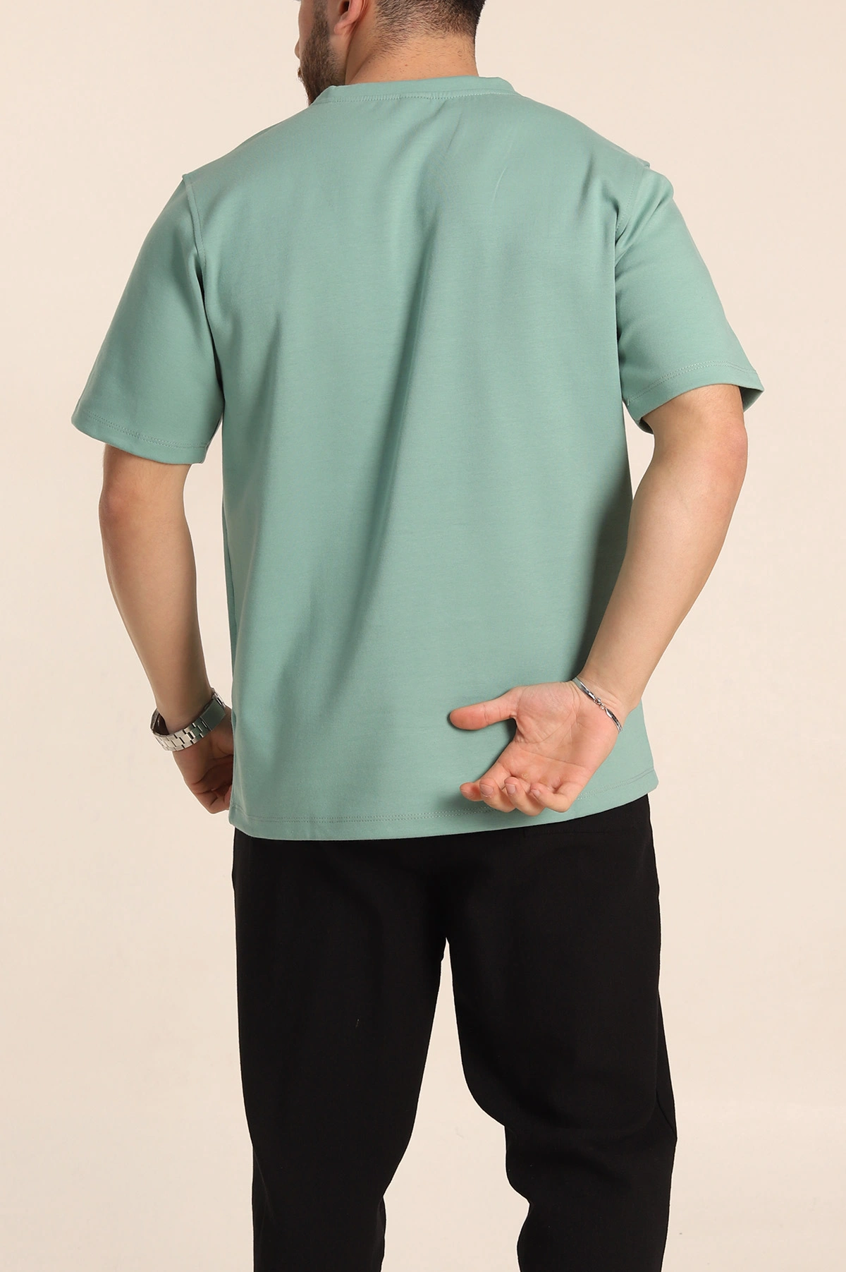 Su Yeşili Relaxed Fit Double Face Basic Erkek Tişört 348941