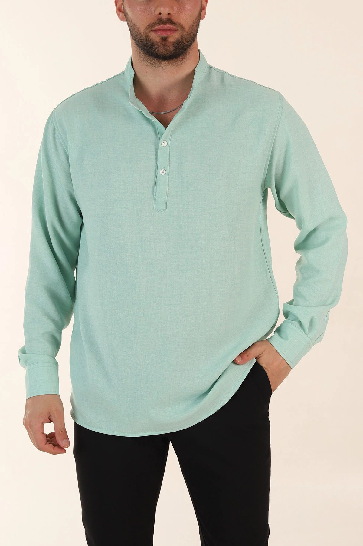Su Yeşili Relaxed Fit Hakim Yaka Yarım Düğmeli Erkek Gömlek 369854
