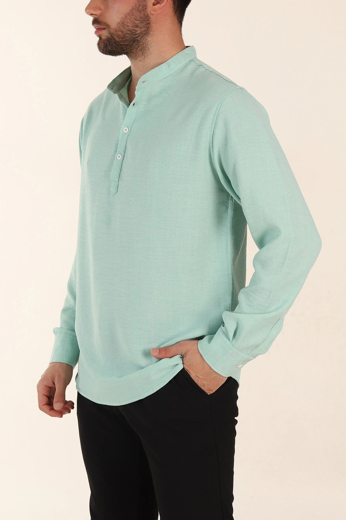 Su Yeşili Relaxed Fit Hakim Yaka Yarım Düğmeli Erkek Gömlek 369854