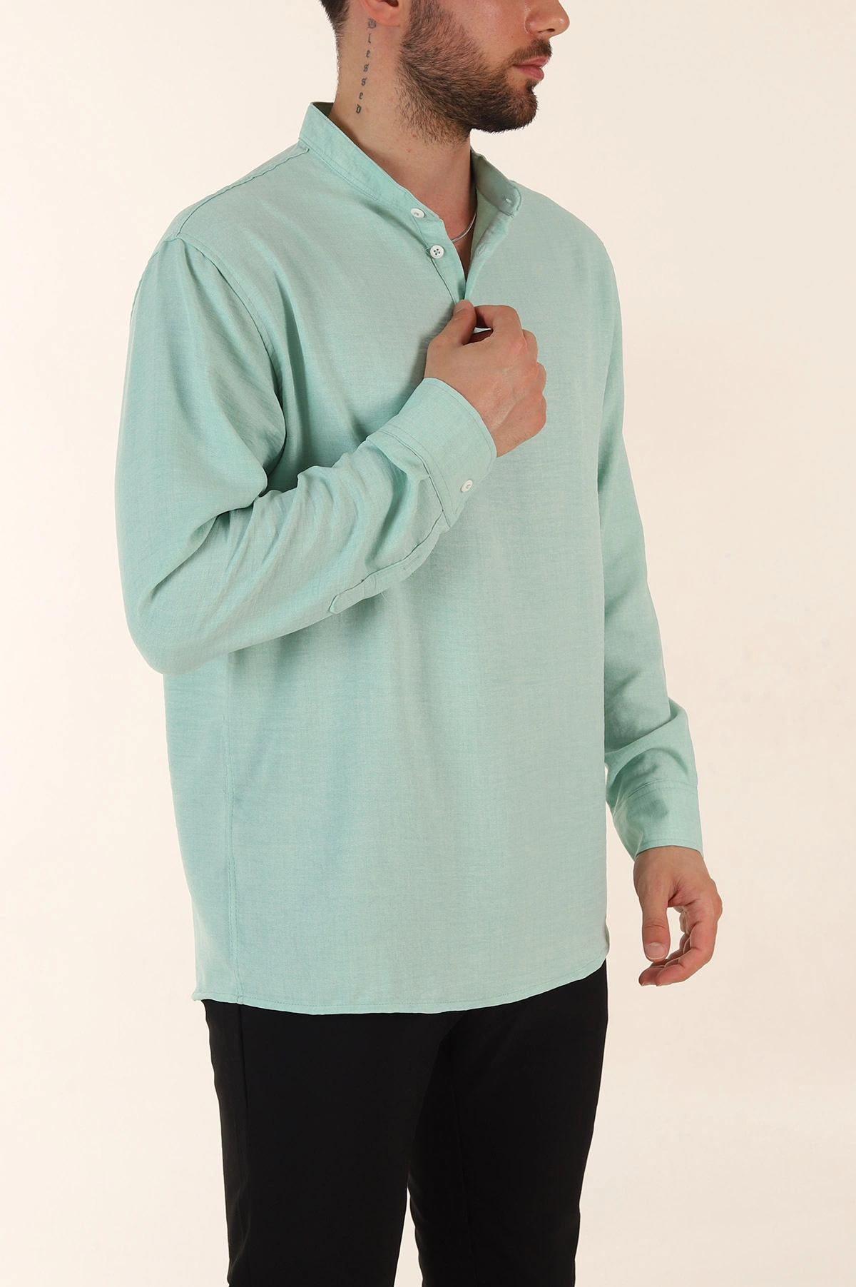 Su Yeşili Relaxed Fit Hakim Yaka Yarım Düğmeli Erkek Gömlek 369854