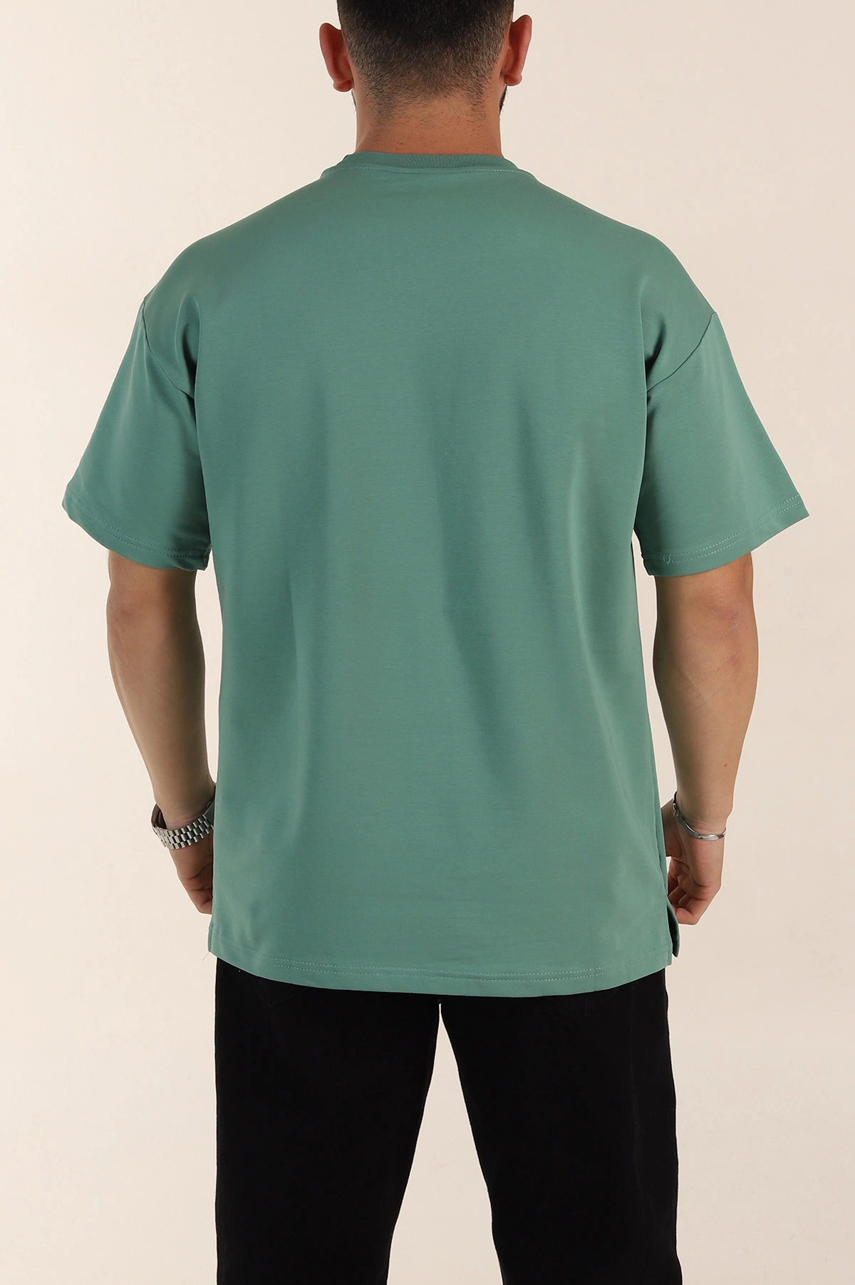 Su Yeşili Relaxed Fit İnterlok Kumaş Yazı Detaylı Erkek Tişört 359315
