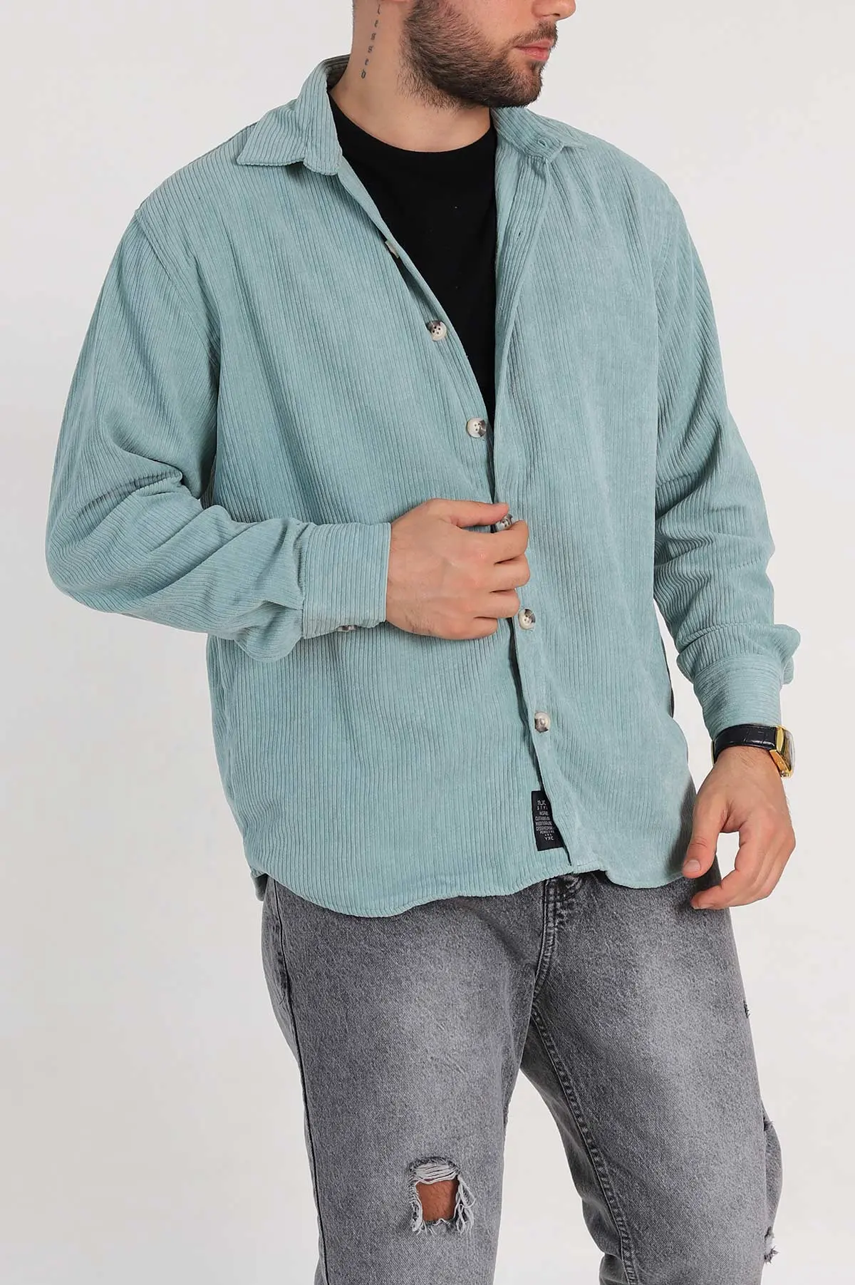 Su Yeşili Relaxed Fit Kadife Erkek Gömlek 314709