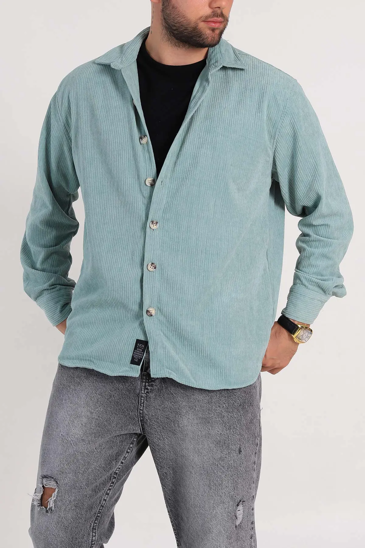 Su Yeşili Relaxed Fit Kadife Erkek Gömlek 314709