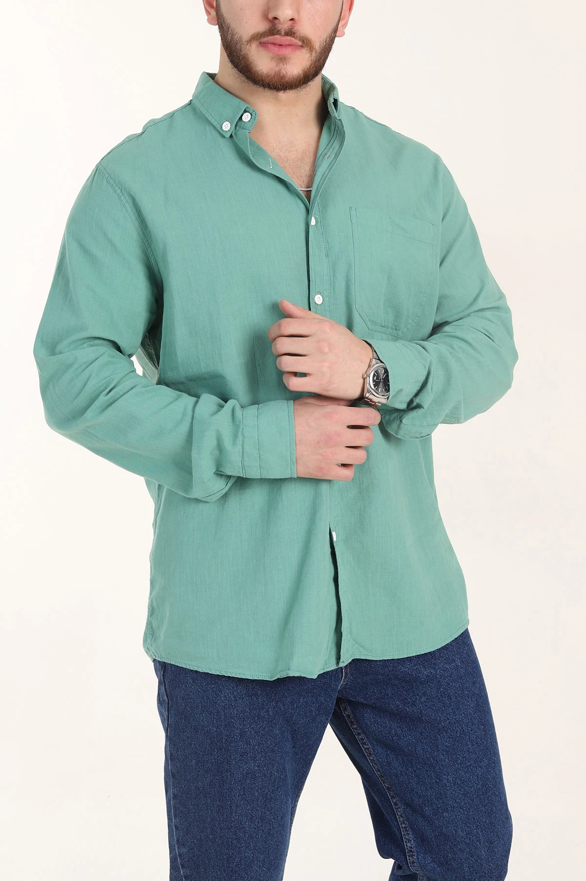 Su Yeşili Relaxed Fit Keten Cep Detaylı Erkek Gömlek 356965