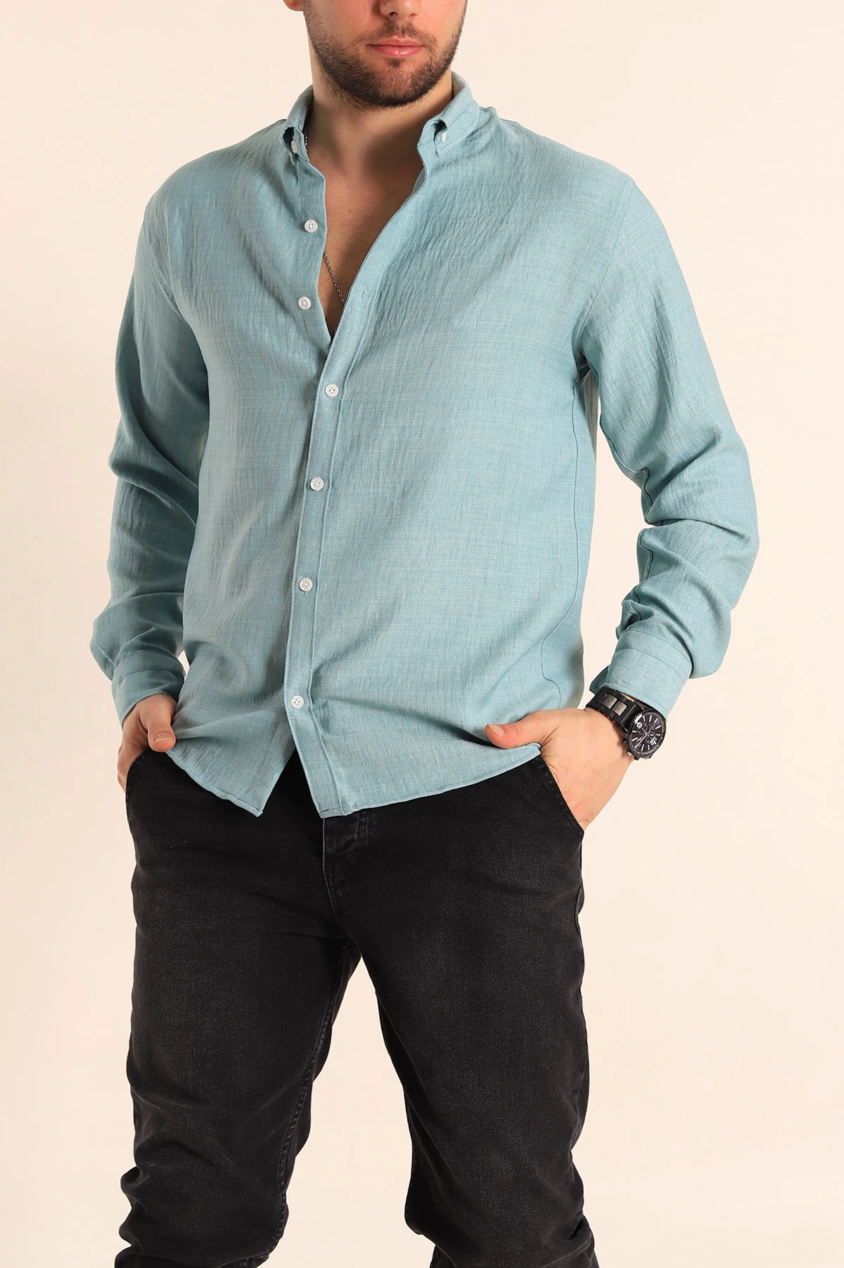 Su Yeşili Relaxed Fit Keten Erkek Gömlek 256527
