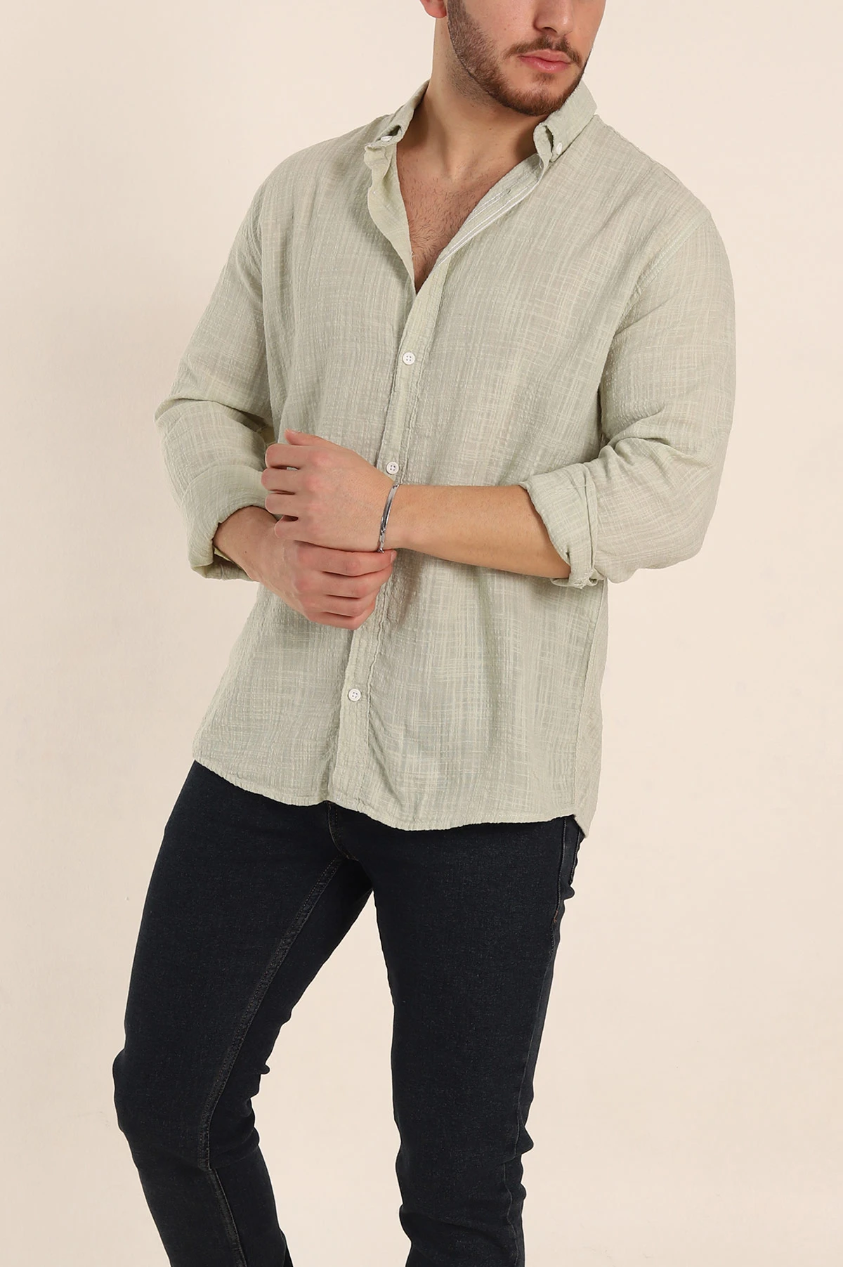Su Yeşili Relaxed Fit Keten Kare Dokulu Ata Yaka Erkek Gömlek 339181