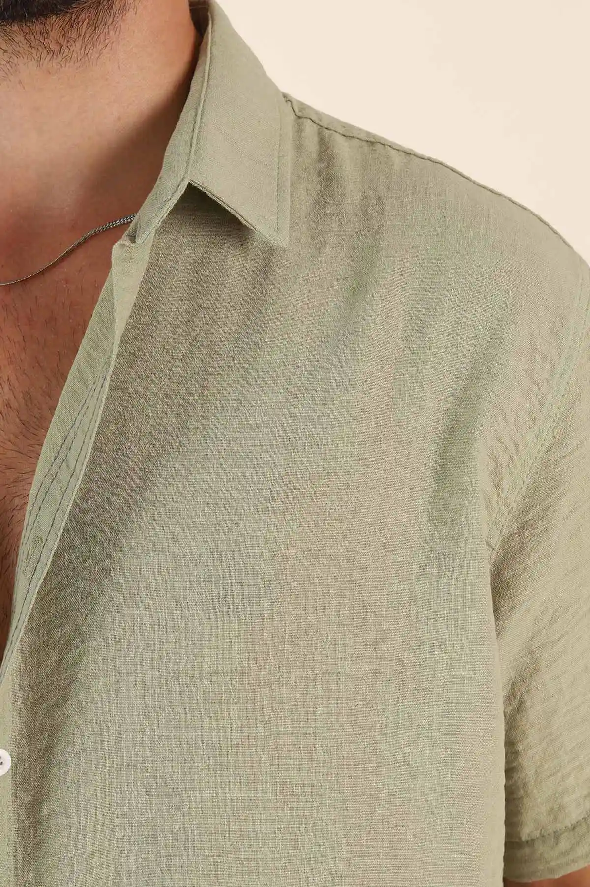 Su Yeşili Relaxed Fit Keten Kısa Kollu Erkek Gömlek 376973