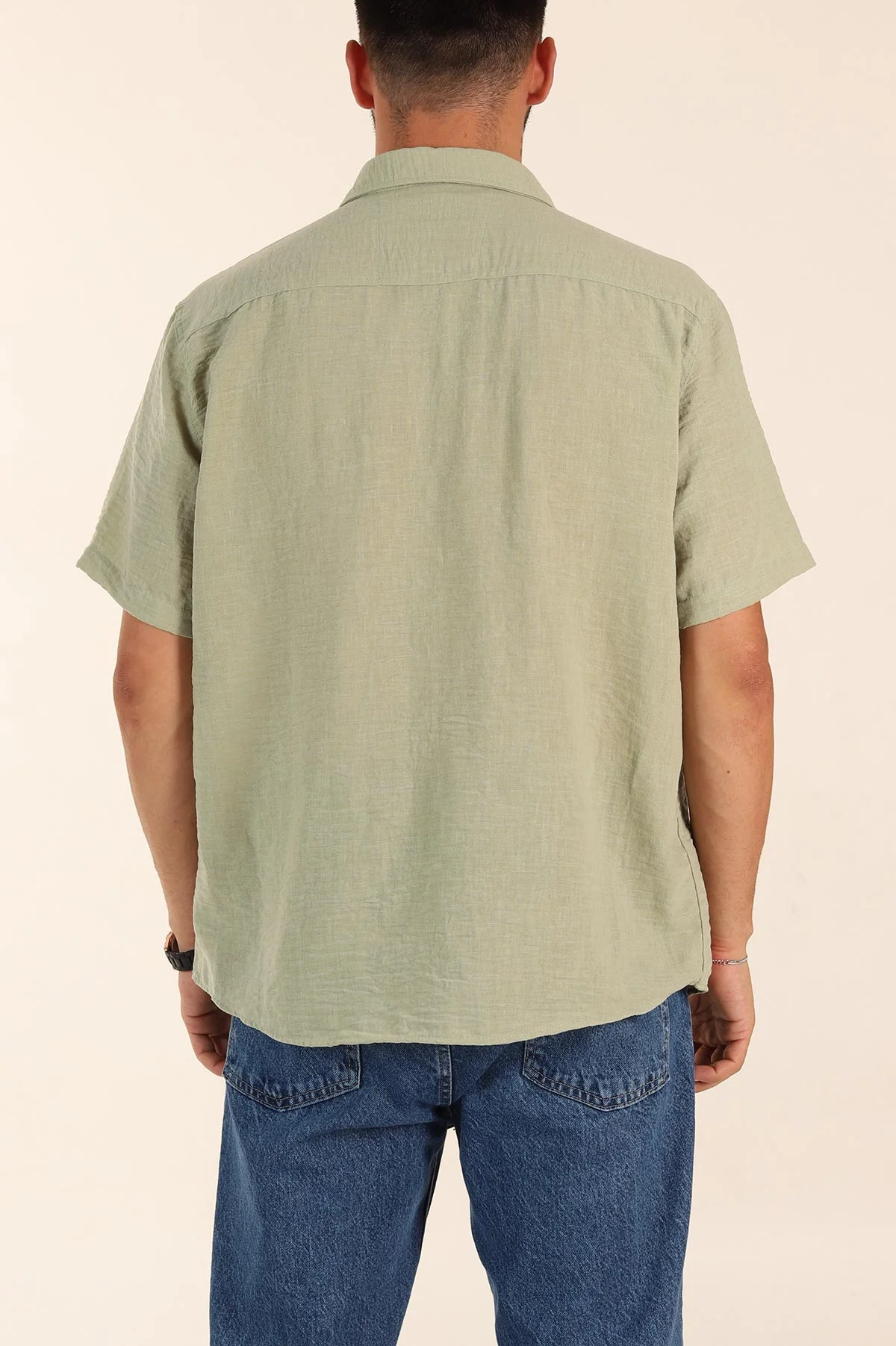 Su Yeşili Relaxed Fit Keten Kısa Kollu Erkek Gömlek 376973
