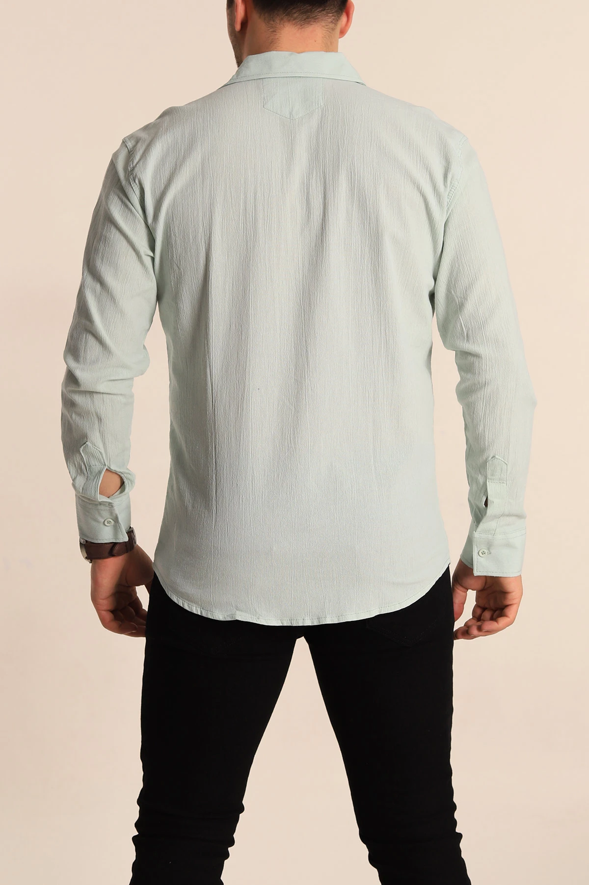 Su Yeşili Relaxed Fit Kırınkıl Keten Erkek Gömlek 256993