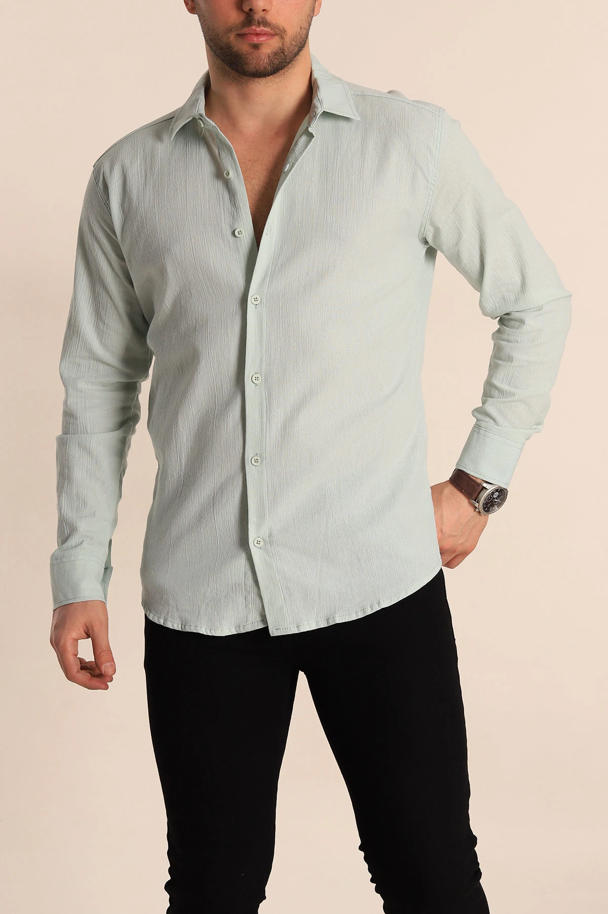 Su Yeşili Relaxed Fit Kırınkıl Keten Erkek Gömlek 256993
