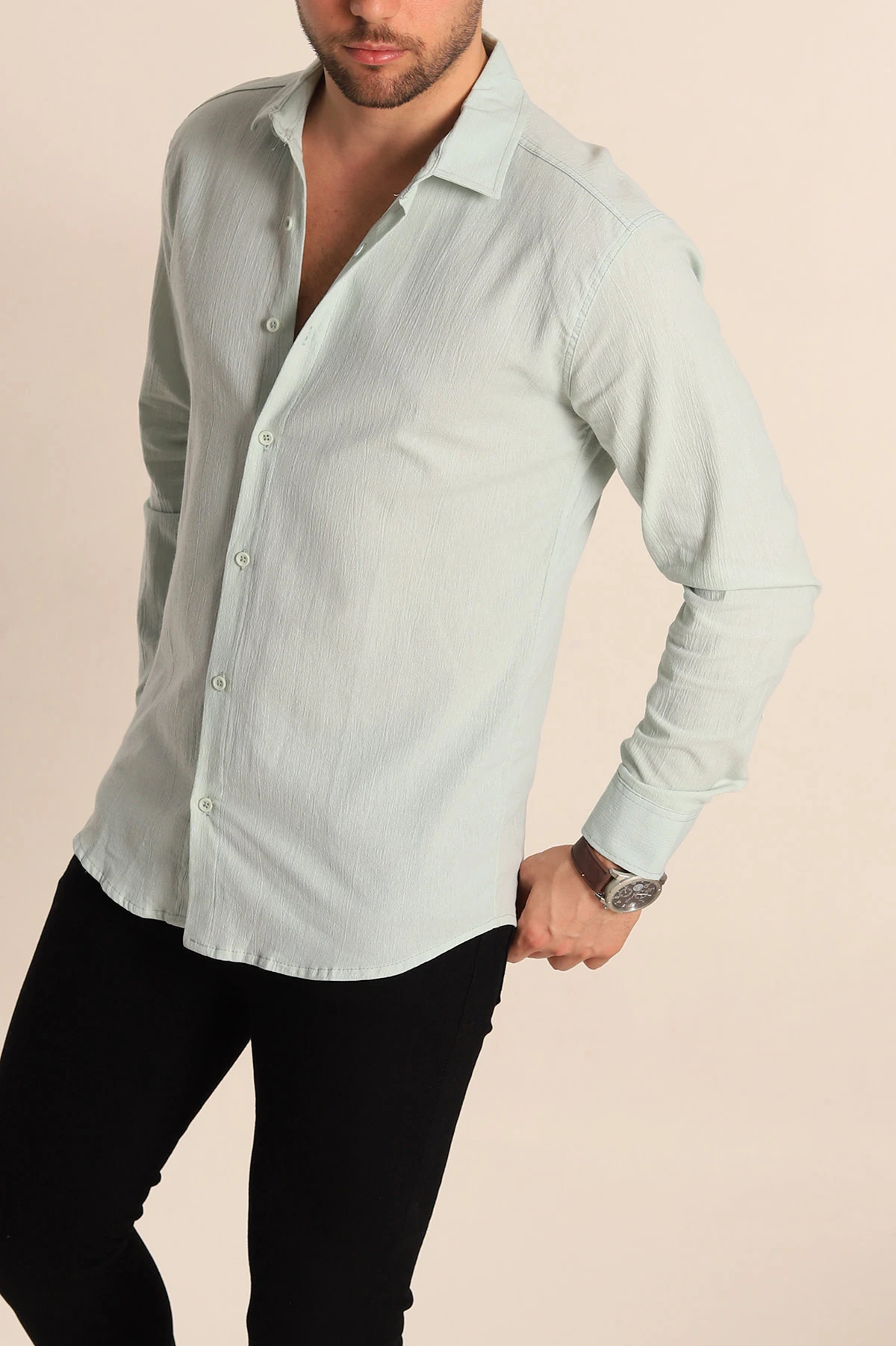 Su Yeşili Relaxed Fit Kırınkıl Keten Erkek Gömlek 256993