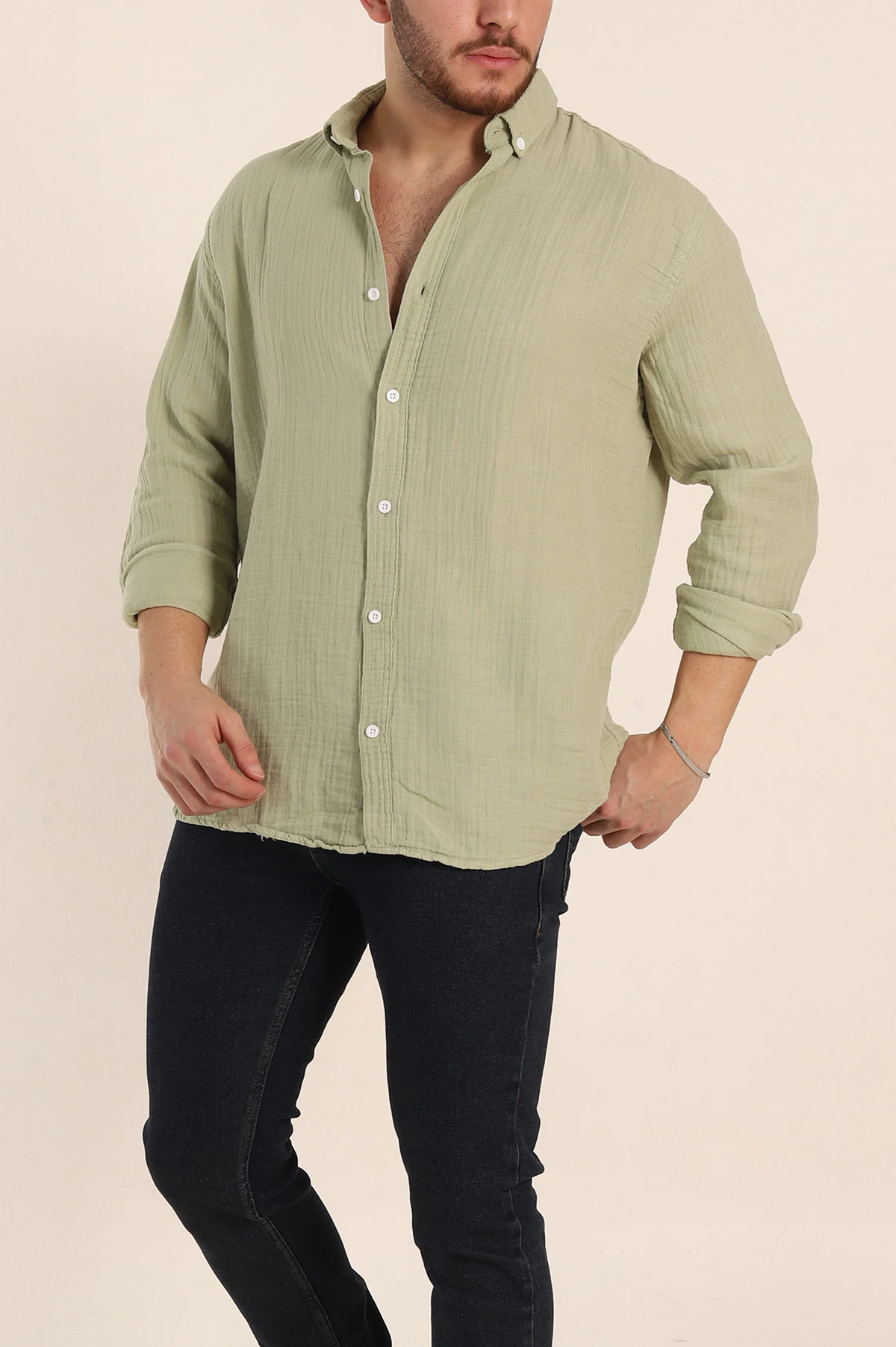 Su Yeşili Relaxed Fit Müslin Keten Ata Yaka Erkek Gömlek 339158