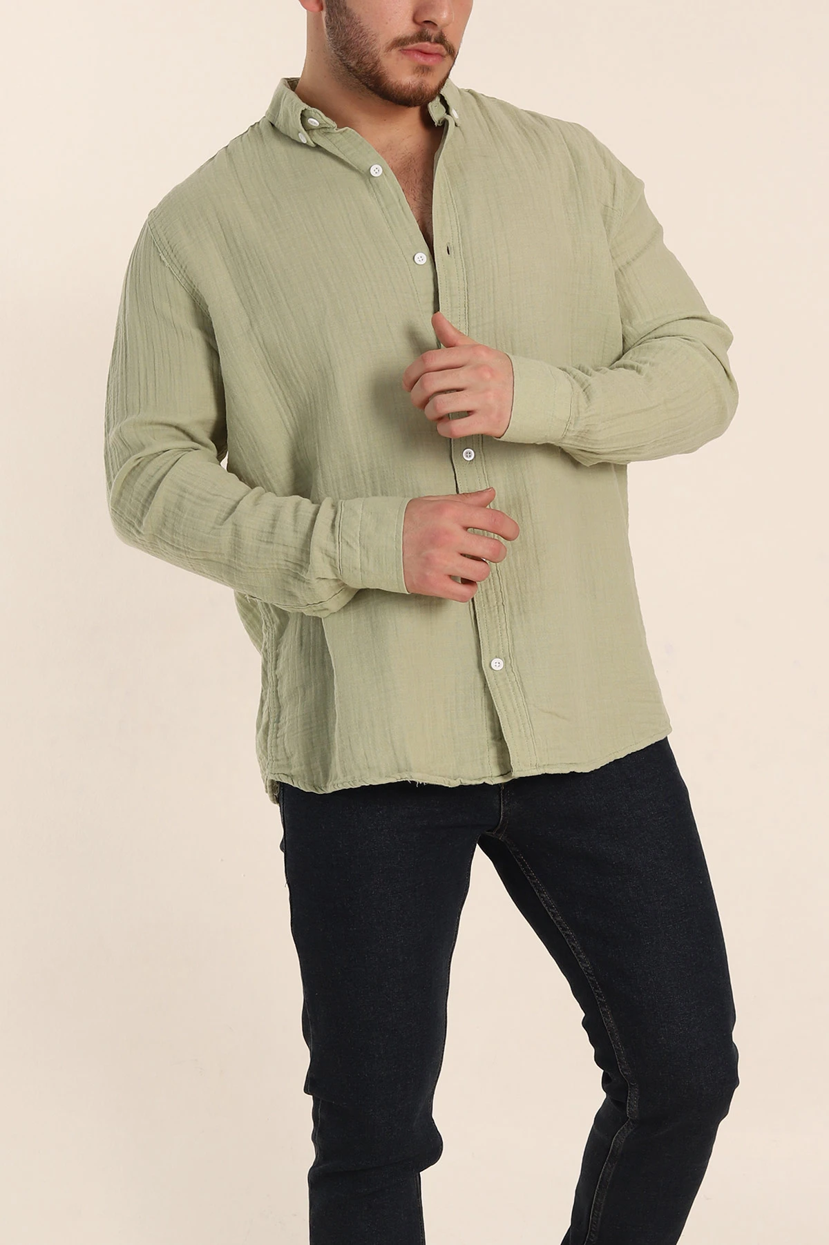 Su Yeşili Relaxed Fit Müslin Keten Ata Yaka Erkek Gömlek 339158