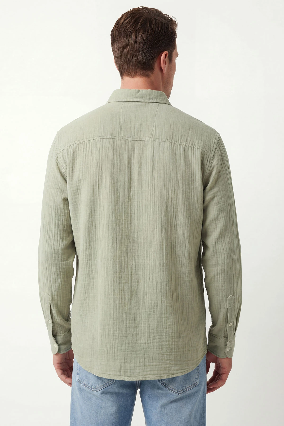 Su Yeşili Relaxed Fit Müslin Keten Ata Yaka Erkek Gömlek 435753