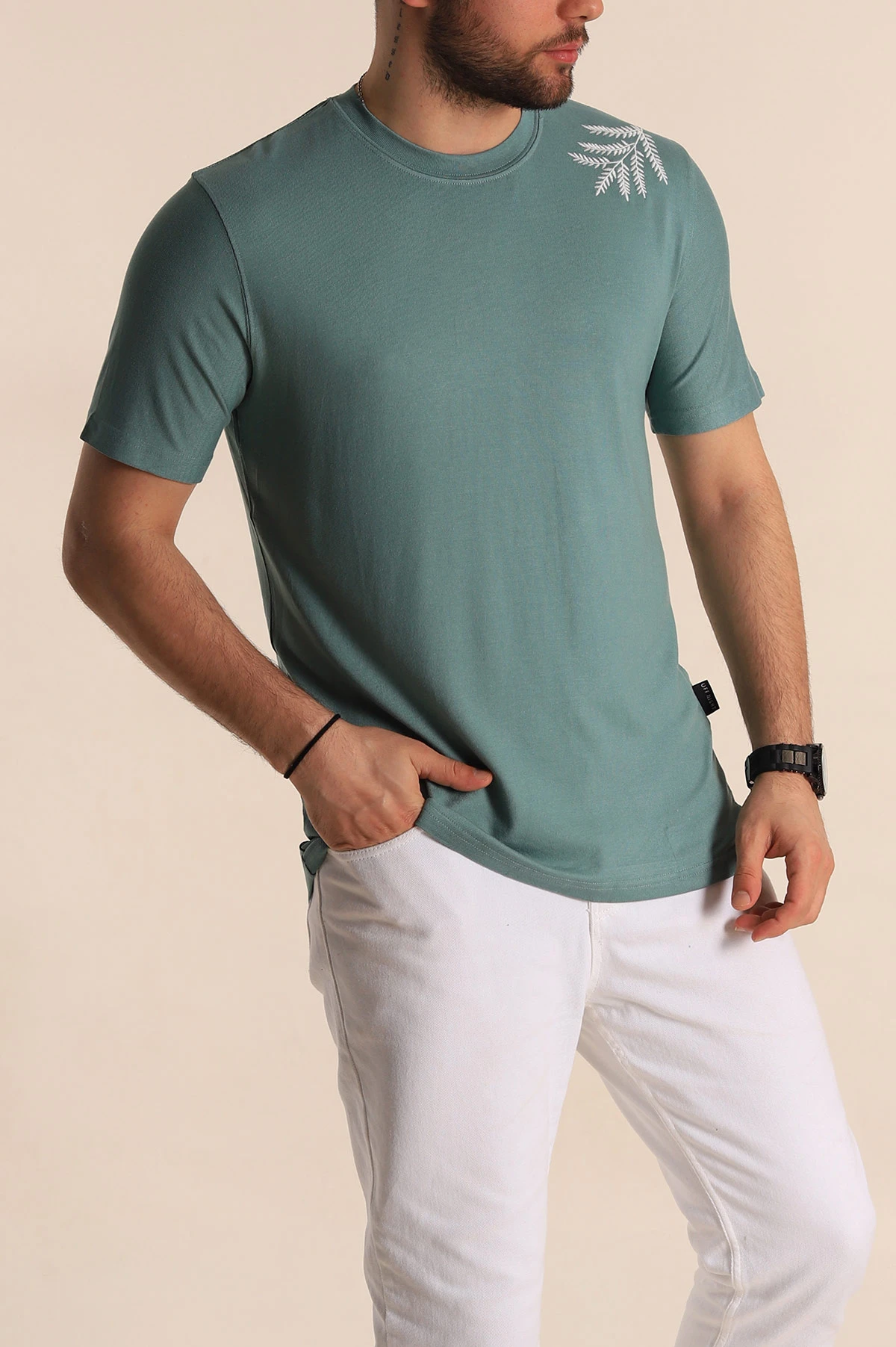 Su Yeşili Relaxed Fit Nakış Detaylı Likralı Erkek Tişört 268517