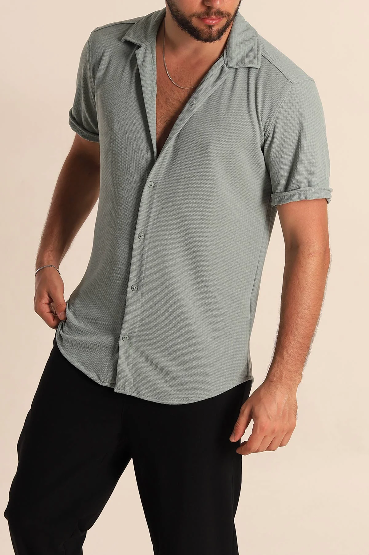 Su Yeşili Relaxed Fit Örme Duble Kısa Kollu Erkek Gömlek 275339