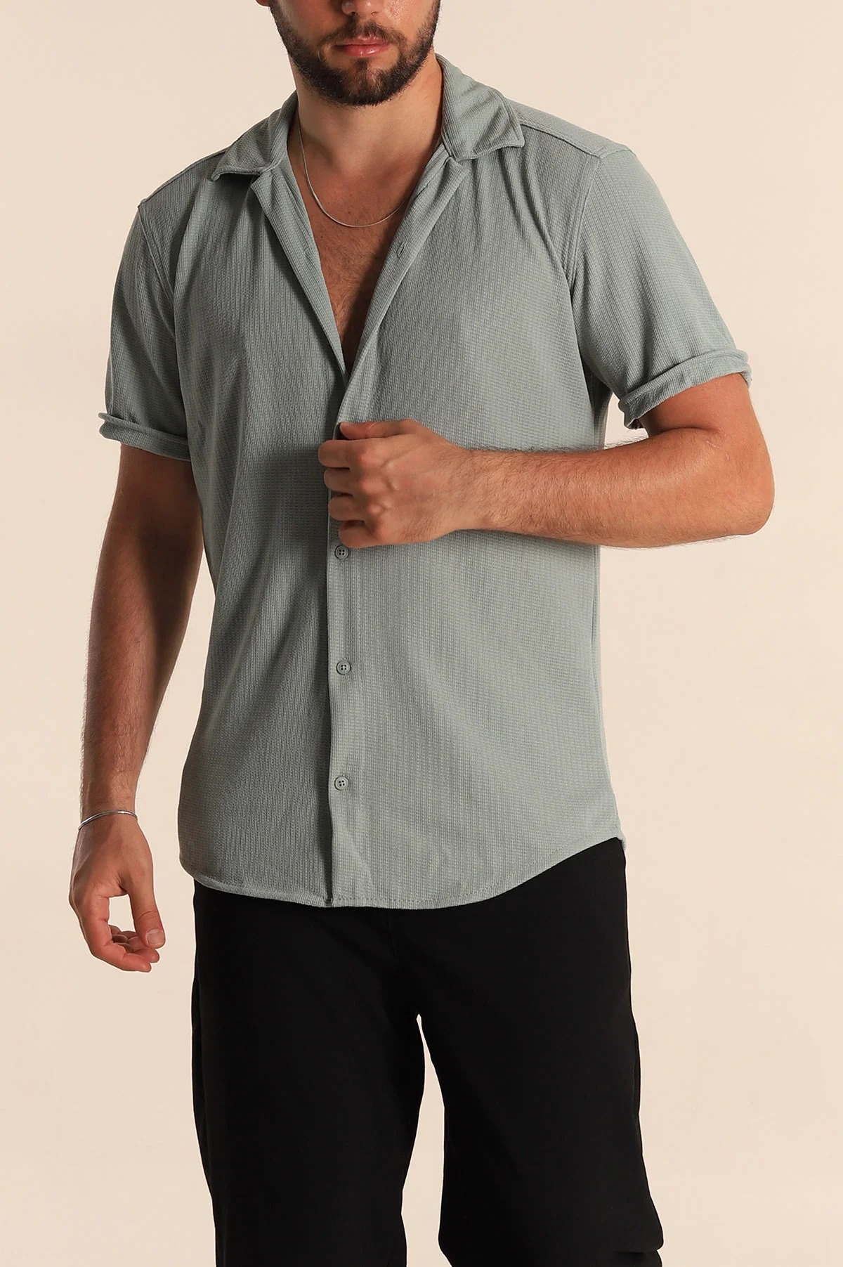 Su Yeşili Relaxed Fit Örme Duble Kısa Kollu Erkek Gömlek 275339