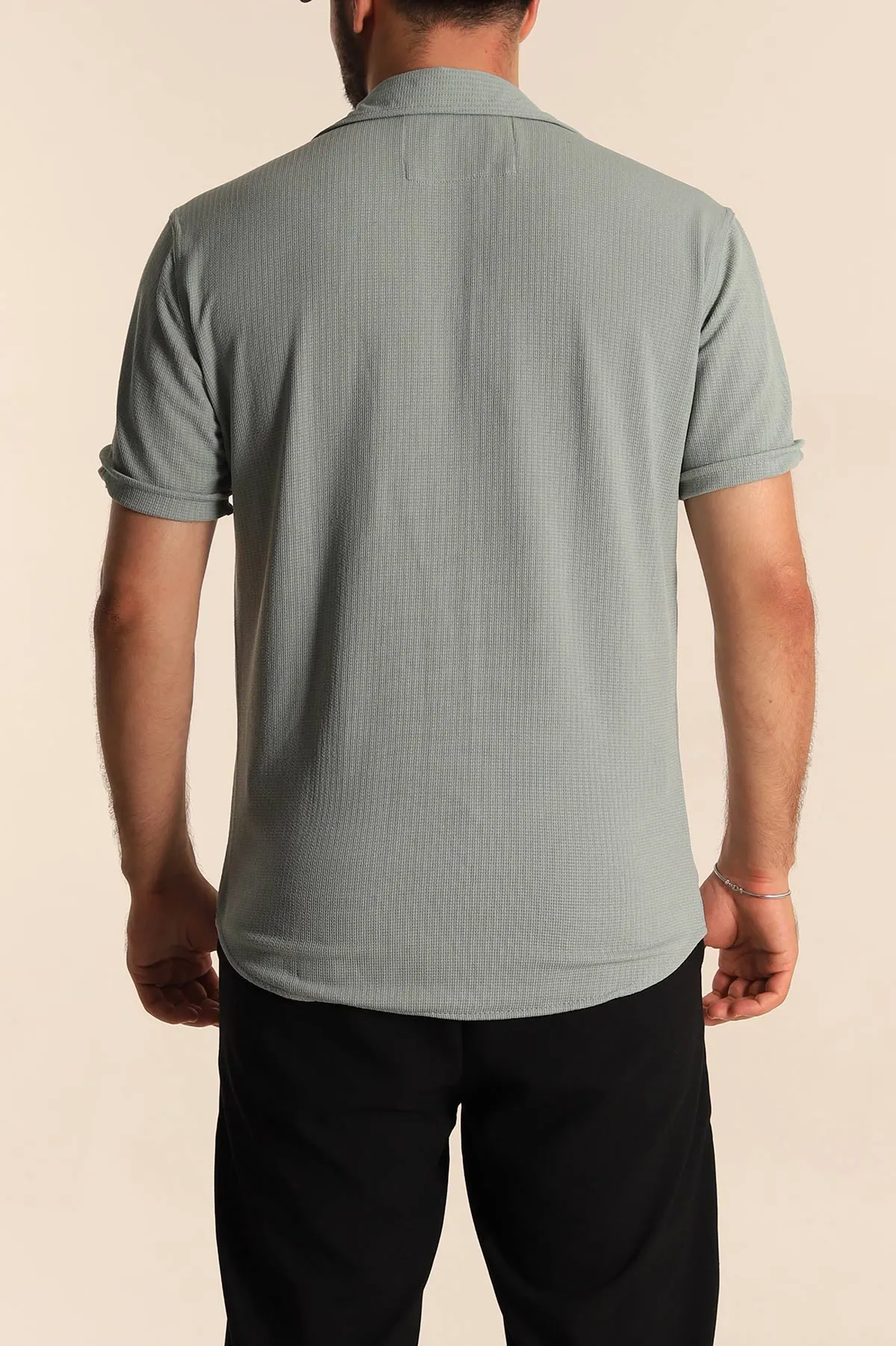 Su Yeşili Relaxed Fit Örme Duble Kısa Kollu Erkek Gömlek 275339