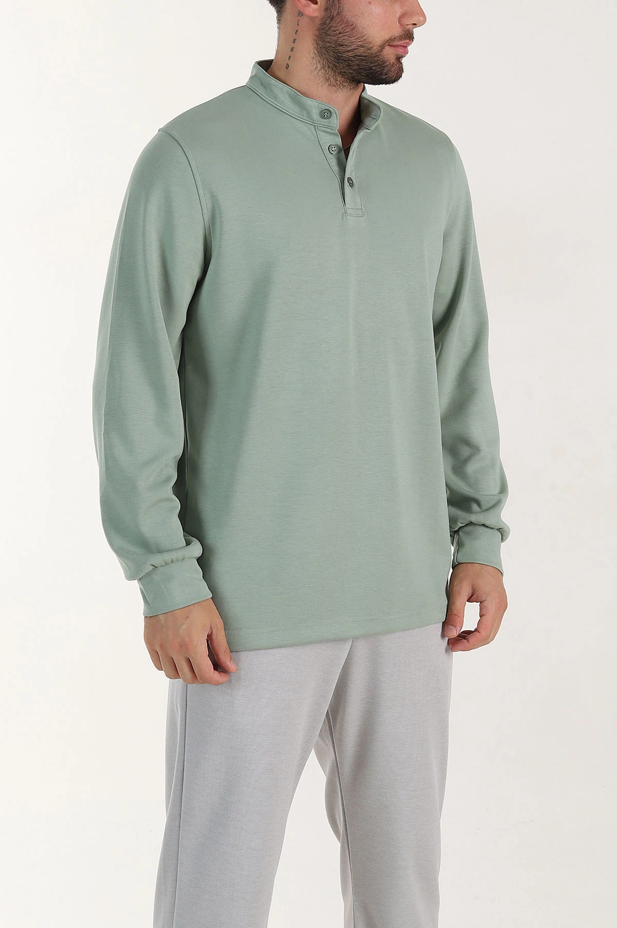 Su Yeşili Relaxed Fit Oysho Kumaş Hakim Yaka Erkek Sweatshirt 399610