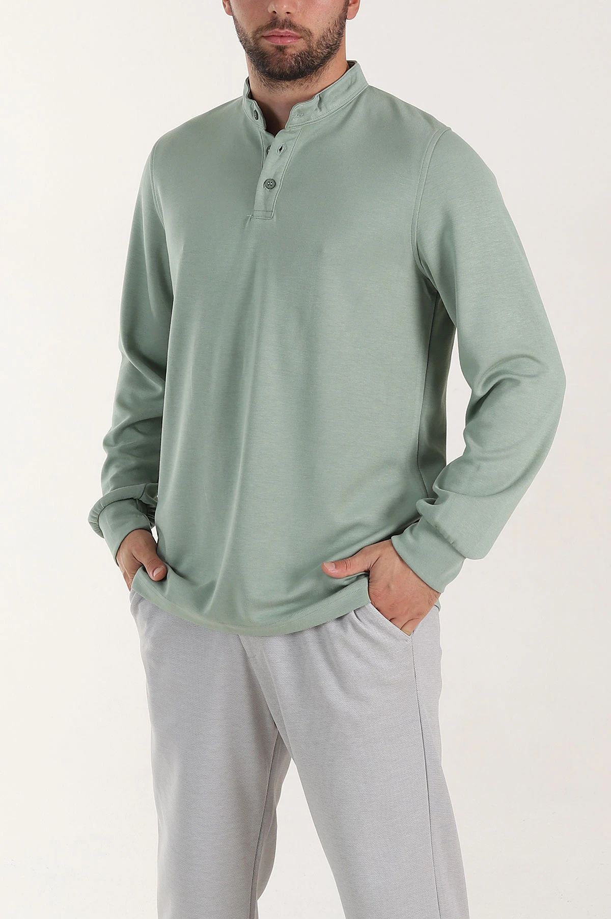 Su Yeşili Relaxed Fit Oysho Kumaş Hakim Yaka Erkek Sweatshirt 399610
