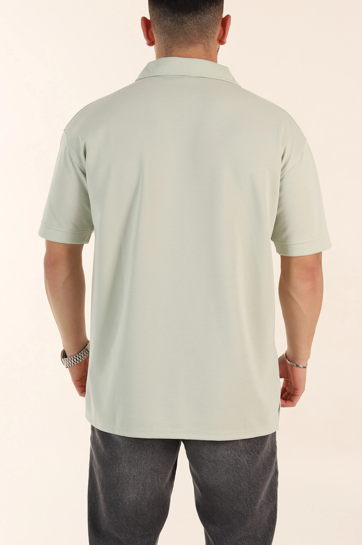 Su Yeşili Relaxed Fit Parçalı Kumaş Polo Yaka Erkek Tişört 363810