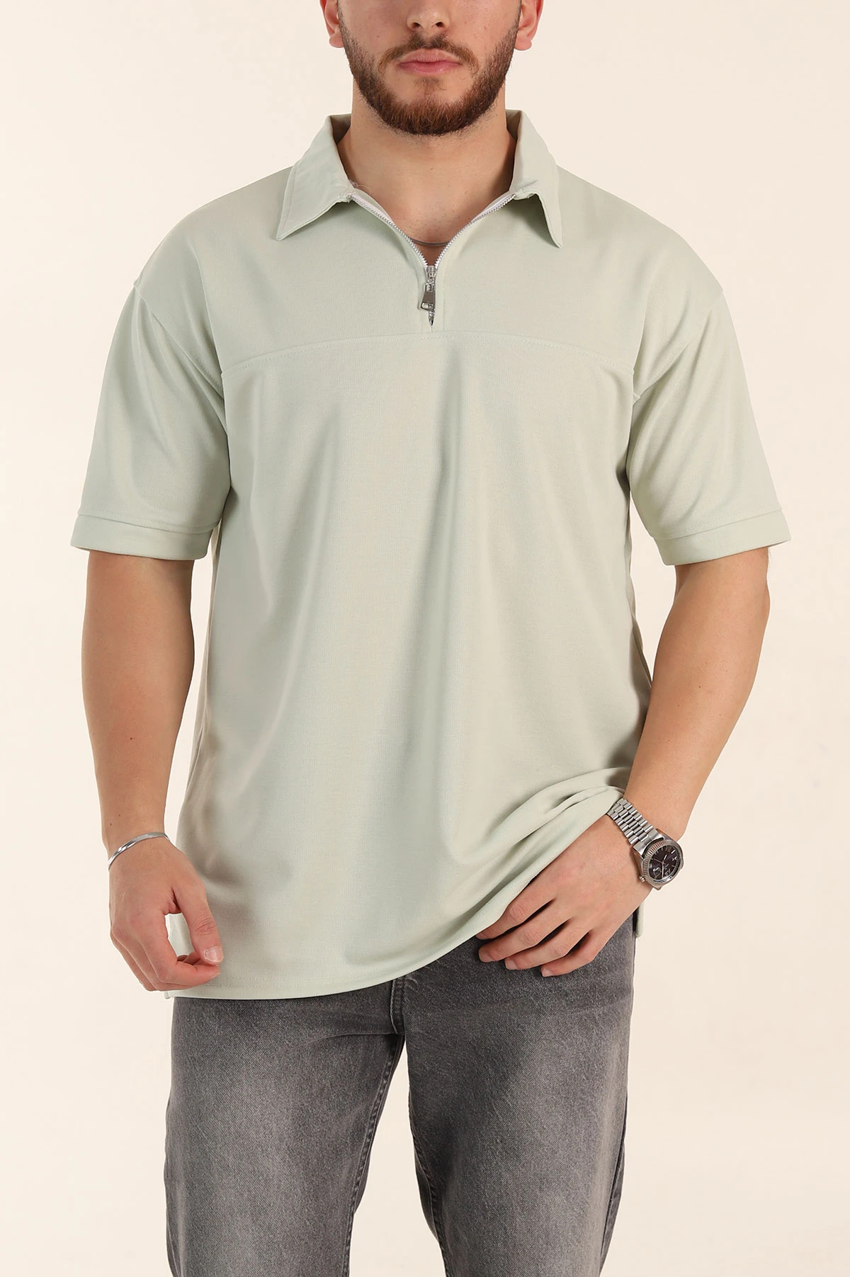 Su Yeşili Relaxed Fit Parçalı Kumaş Polo Yaka Erkek Tişört 363810