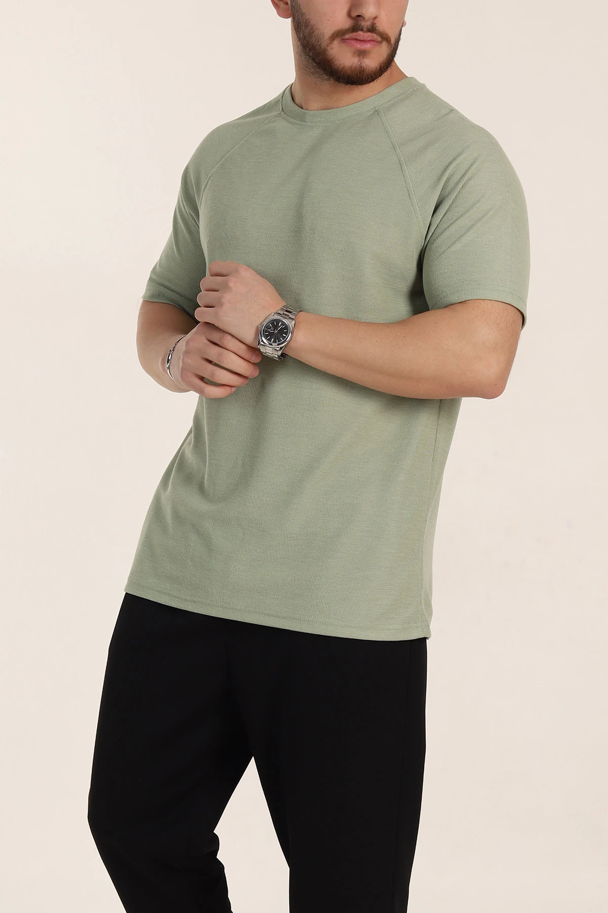 Su Yeşili Relaxed Fit Petek Dokulu Reglan Kol Basic Erkek Tişört 352026