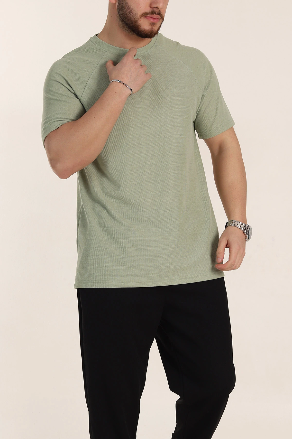 Su Yeşili Relaxed Fit Petek Dokulu Reglan Kol Basic Erkek Tişört 352026