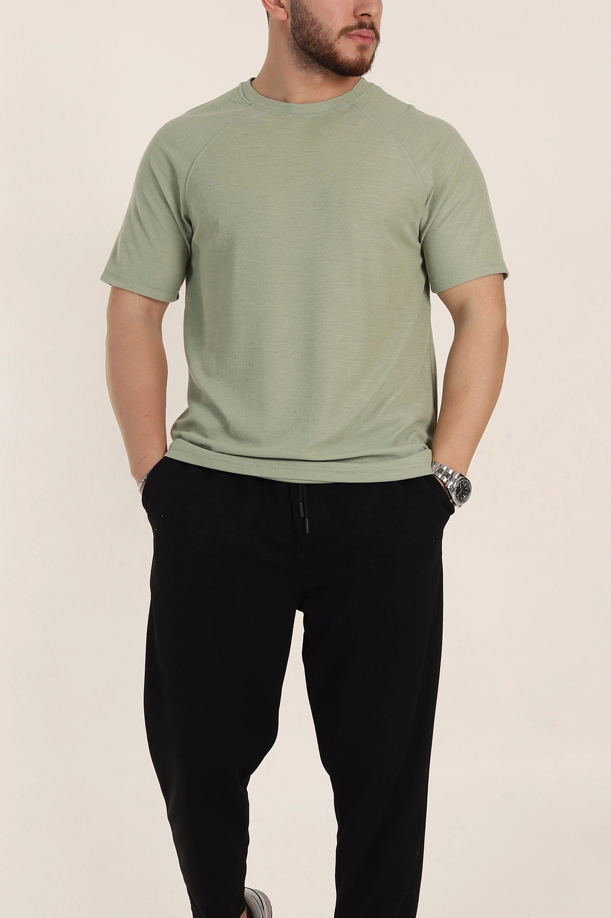 Su Yeşili Relaxed Fit Petek Dokulu Reglan Kol Basic Erkek Tişört 352026