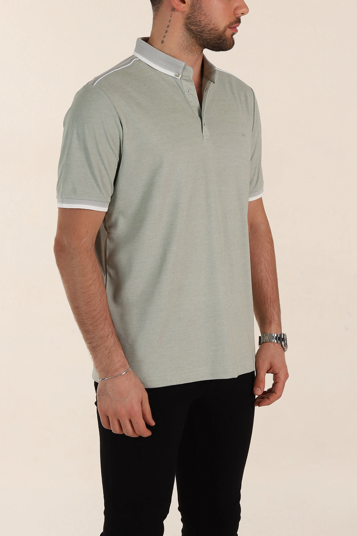 Su Yeşili Relaxed Fit Şerit Detaylı Polo Yaka Erkek Tişört 359113