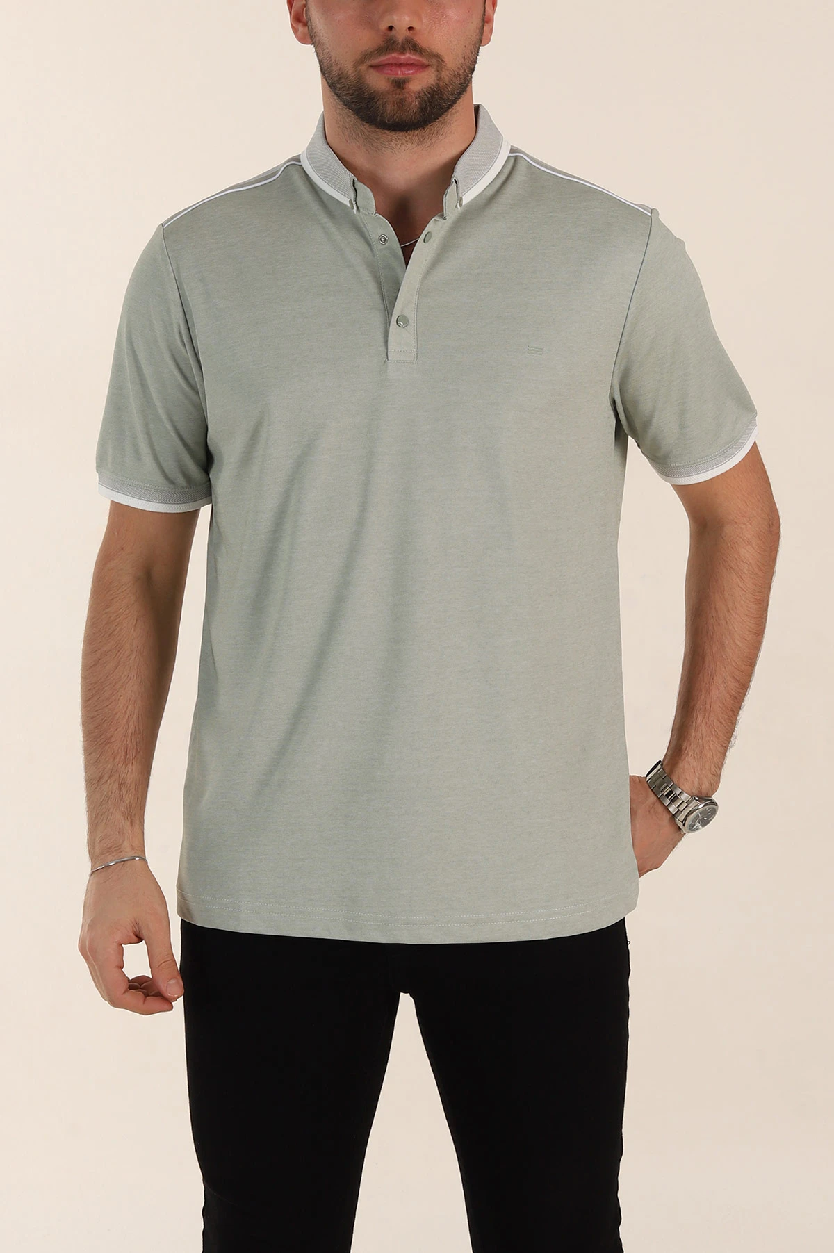 Su Yeşili Relaxed Fit Şerit Detaylı Polo Yaka Erkek Tişört 359113