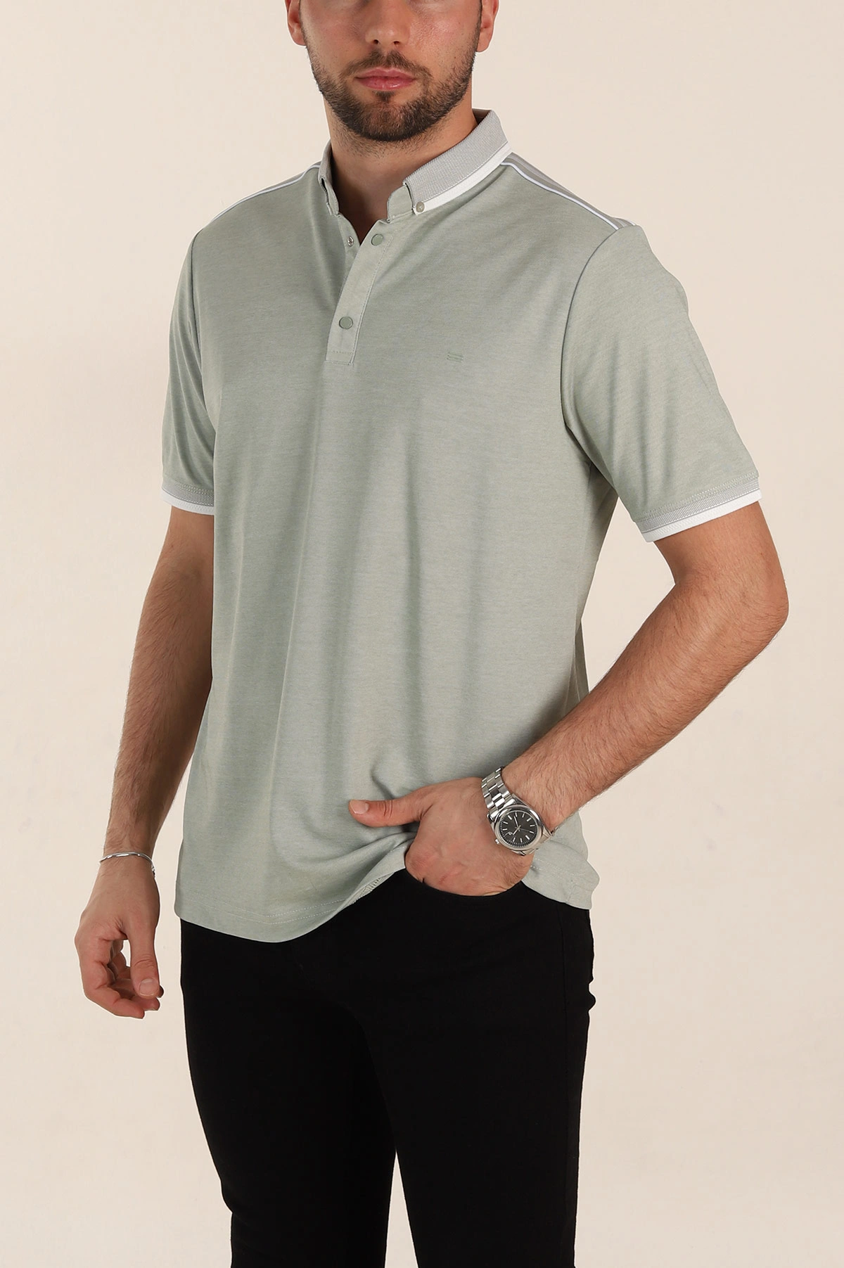 Su Yeşili Relaxed Fit Şerit Detaylı Polo Yaka Erkek Tişört 359113